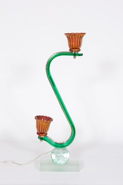 Contemporary Green Table Lamp in Murano Glass and Coral Color Gold decors Italy