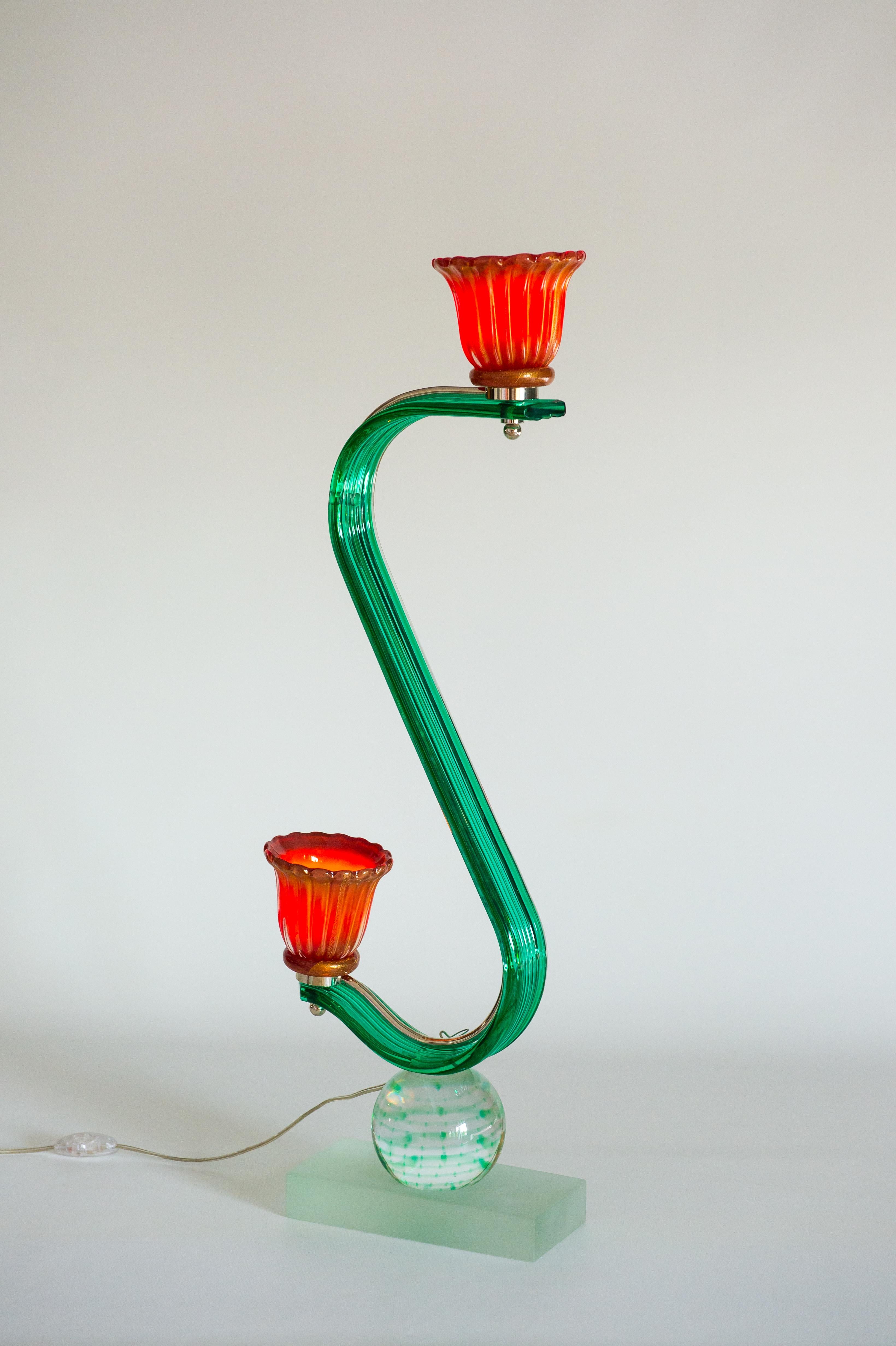Lampe de bureau d'art en cristal vert et verre de Murano de couleur corail, contemporaine en vente 12