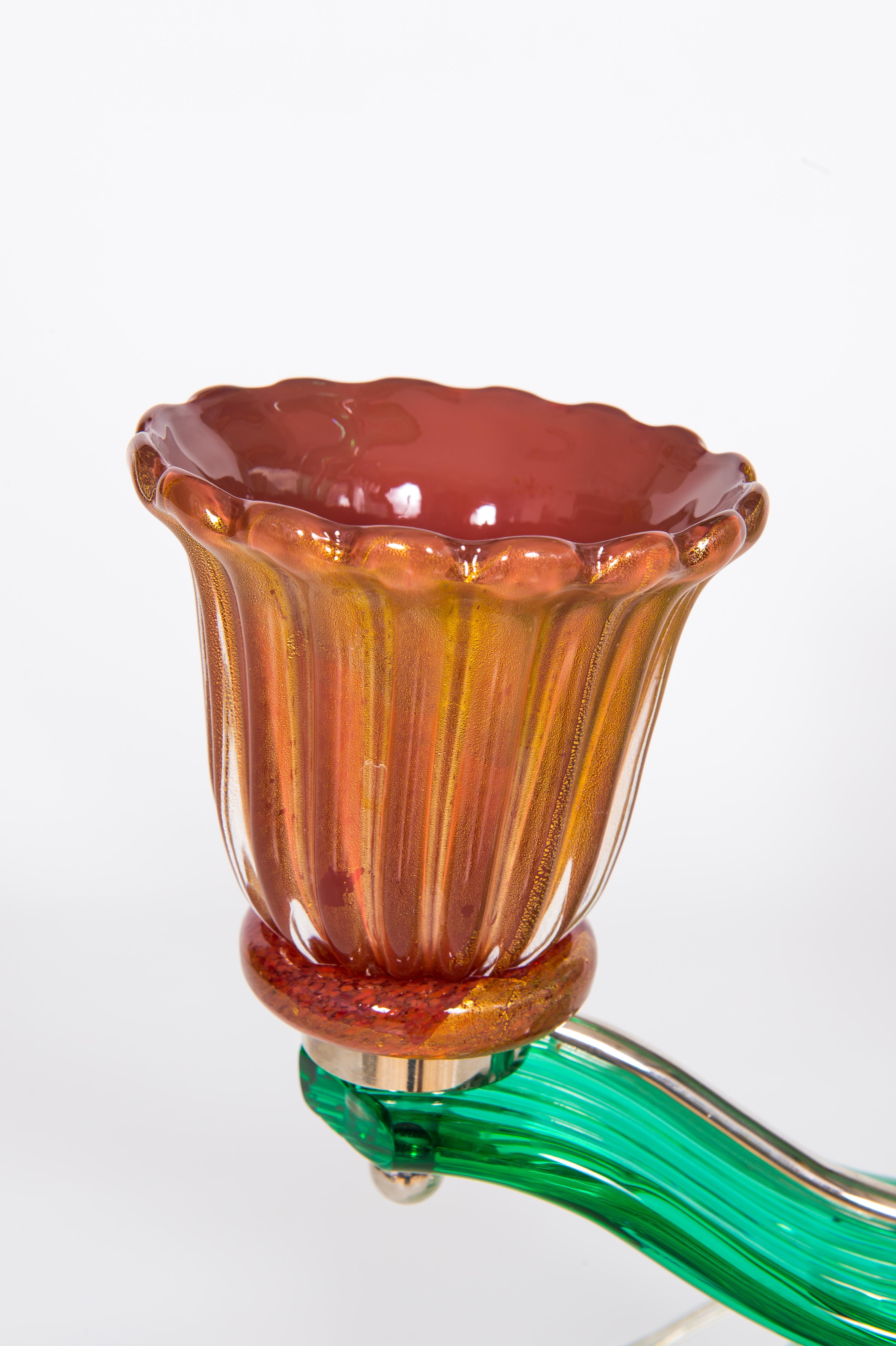 Italian Art Table Lamp in Green Crystal and Coral-Colored Murano Glass, Contemporary For Sale