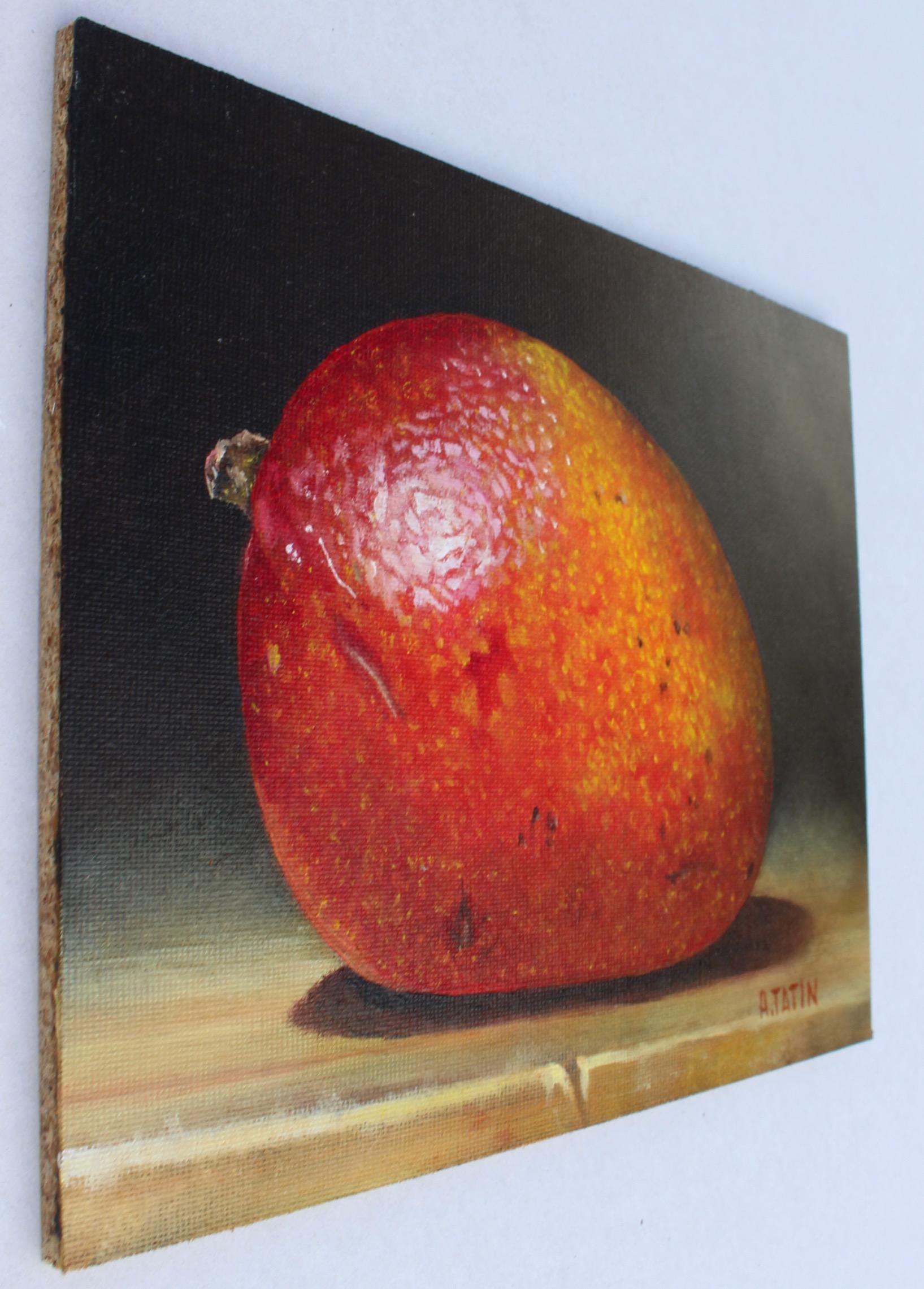 <p>Artist Comments<br>A ripe mango on a wooden slab is set against a dark background, enhancing its luminosity. The skillful use of light and shadow adds a dramatic dimension to the artwork, giving a profound sense of beauty to an ordinary fruit.
