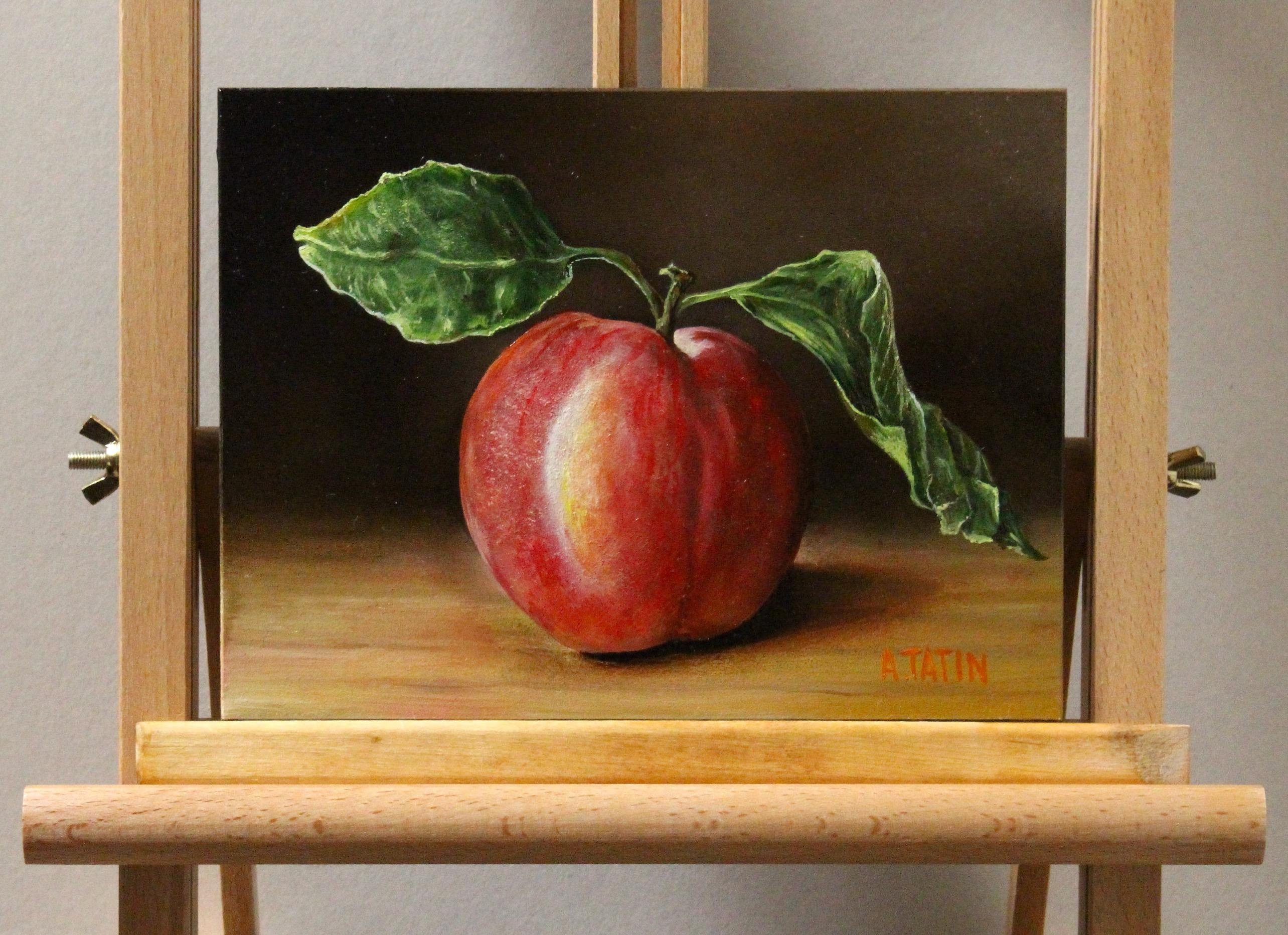 <p>Artist Comments<br />A ripe white peach with dried leaves rests on a wooden surface. Its pinkish-red and yellow skin contrasts with the dark background. Artist Art Tatin used Flemish painting technique in this still life, capturing the fuzzy,