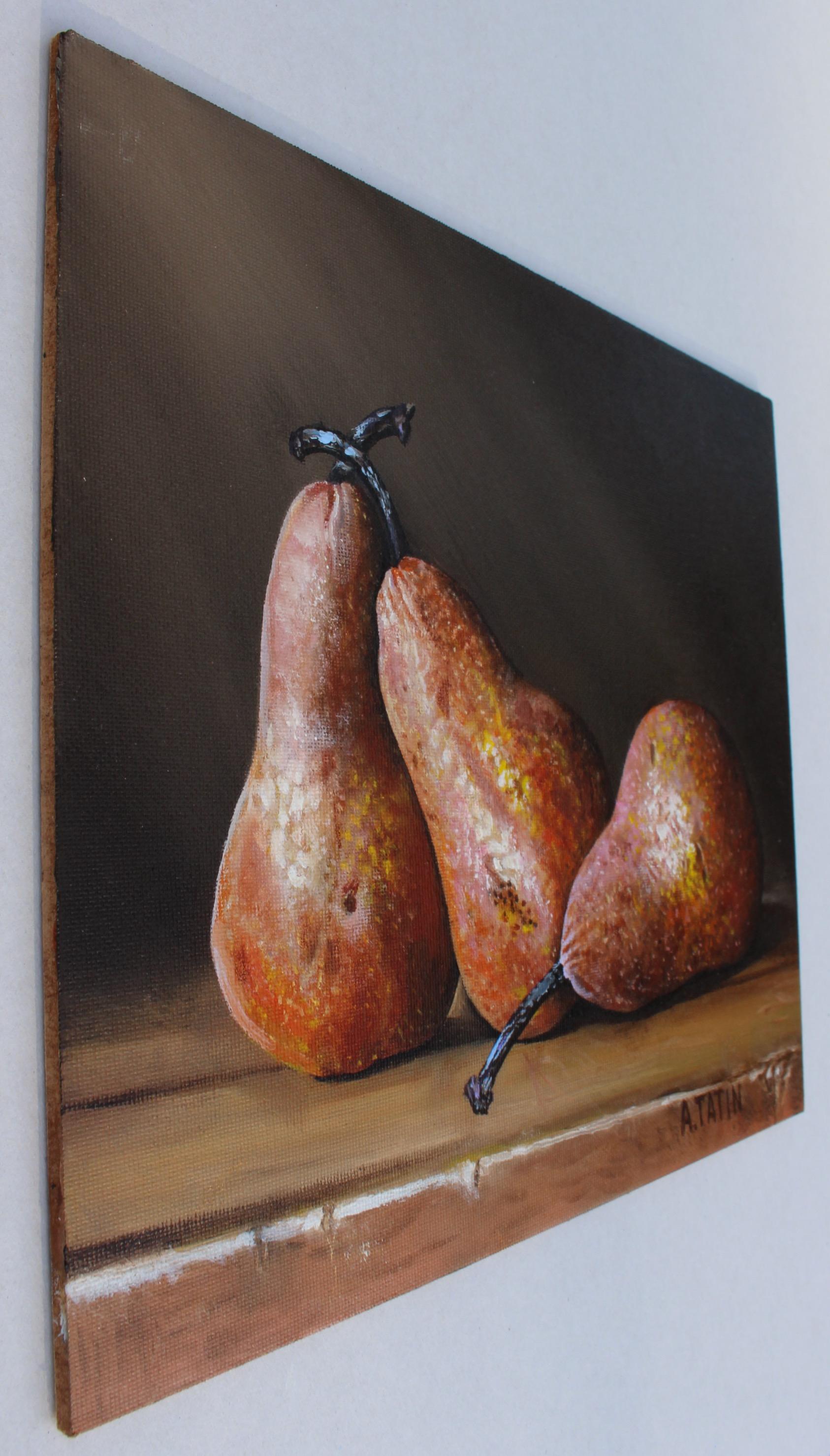 <p>Artist Comments<br>This still-life painting depicts three Bosc pears against a dark background. Their placement demonstrates a sense of balance in form and space. The interplay of light and shadow highlights the three-dimensional quality of the
