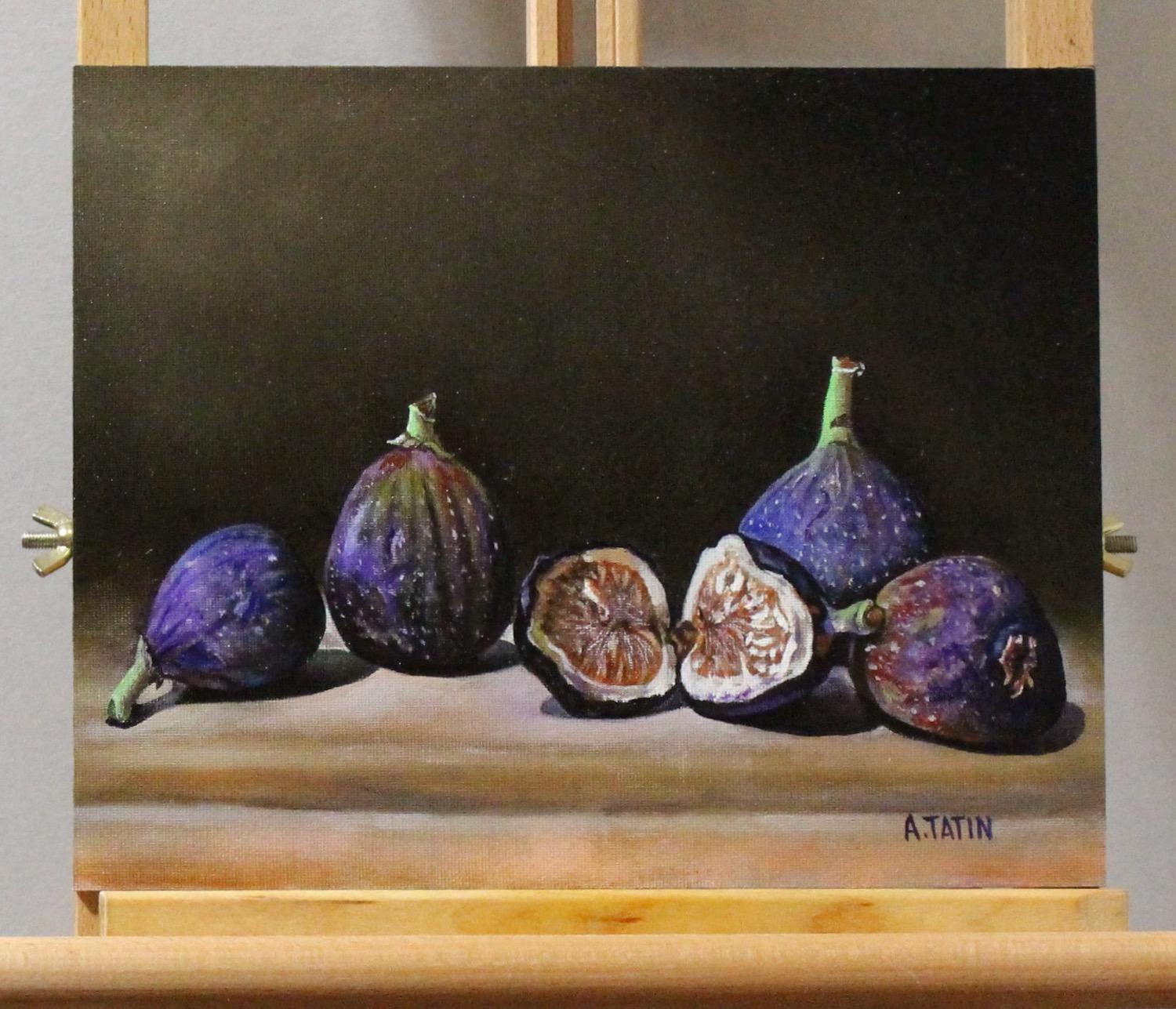 <p>Artist Comments<br>This oil painting features five California figs on a wooden table. The composition captures a moment of simplicity, with the opened fig adding an element of intrigue. The dark background enhances the color of the fruits and