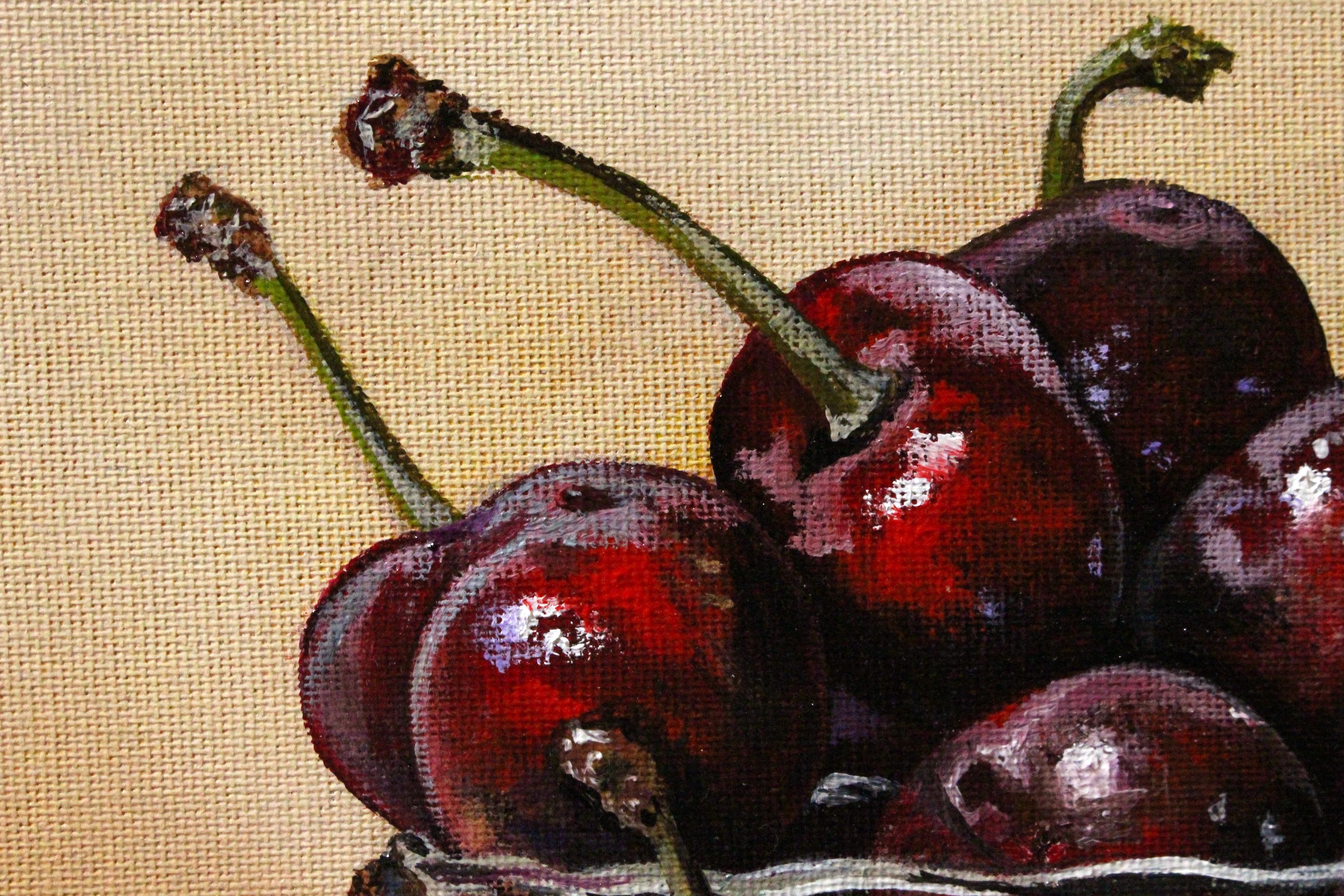 Red Cherries in a Glass Bowl, Oil Painting For Sale 1