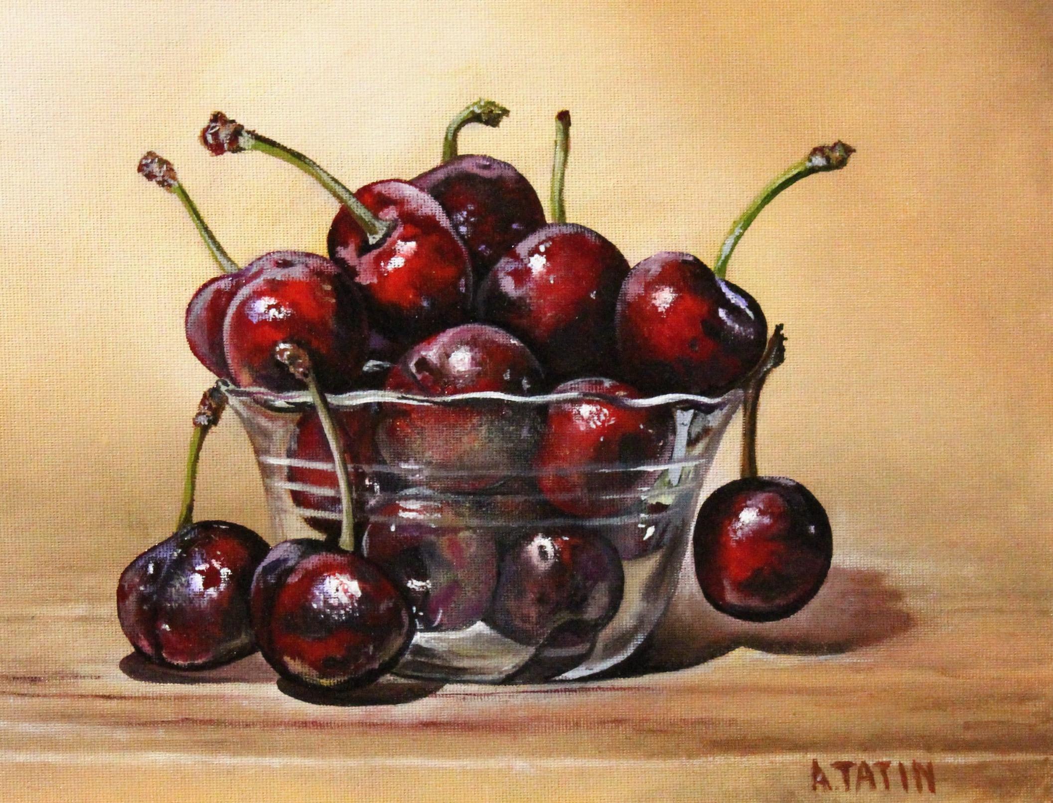 Red Cherries in a Glass Bowl, Oil Painting - Art by Art Tatin