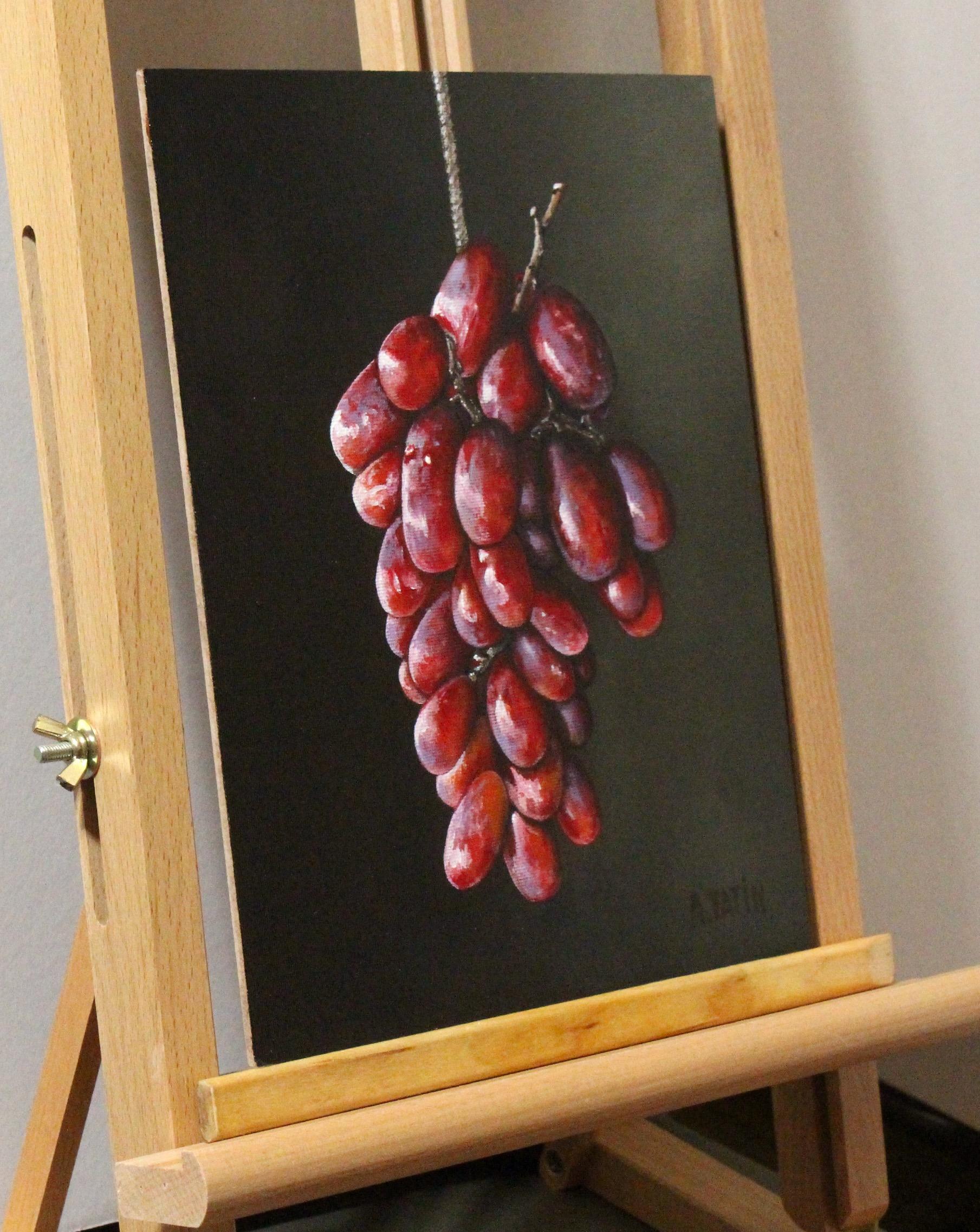 Raisins rouges sur une ficelle, peinture à l'huile - Contemporain Art par Art Tatin