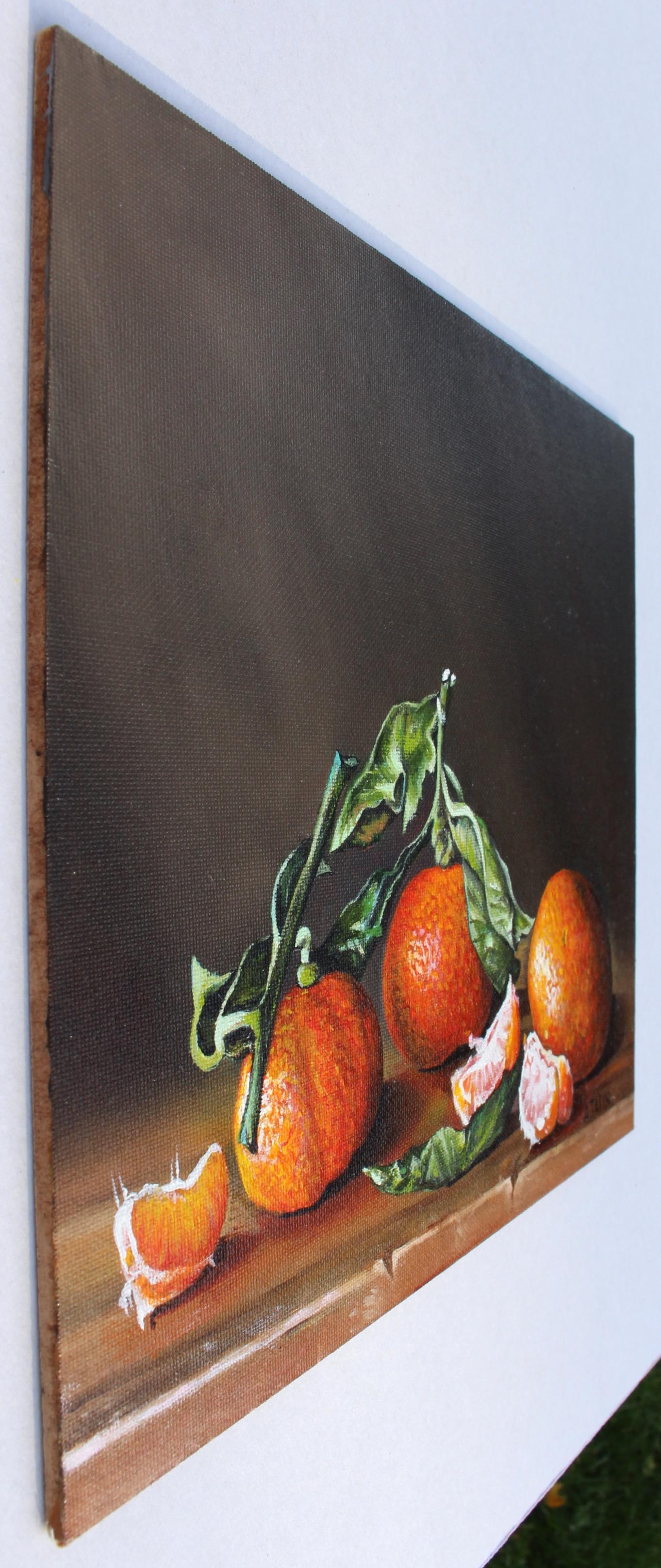 <p>Artist Comments<br>This still-life oil painting presents satsuma mandarins on a wooden surface. The rendering of light and shadow makes the fruits' shape and the leaves crisp texture more defined, while the dark background brings out their vivid