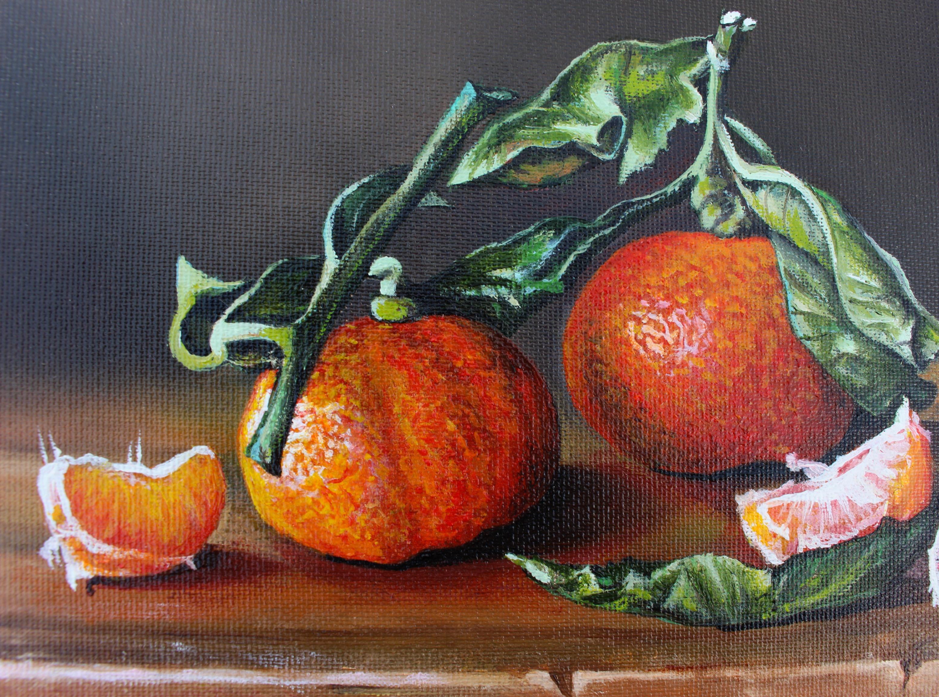 <p>Commentaires de l'artisteCette nature morte à l'huile présente des mandarines Satsuma sur une surface en bois.<br> Le rendu de l'ombre et de la lumière permet de mieux définir la forme des fruits et la texture croquante des feuilles, tandis que