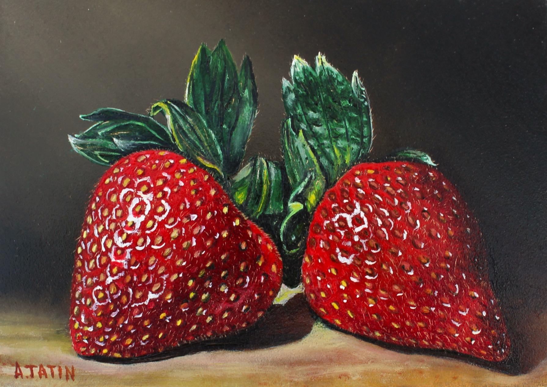 Deux fraises, peinture à l'huile