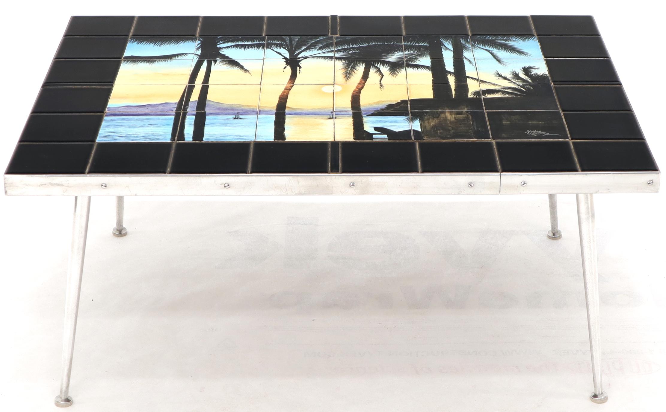 Mid-Century Modern rectangular Artist-signed art tile top coffee table on turned legs. Aluminum frame casing border. Motivating beach scene tabletop.