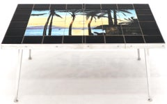 Art Tile Top Beach Scene Turned Legs Mid-Century Modern Coffee Table