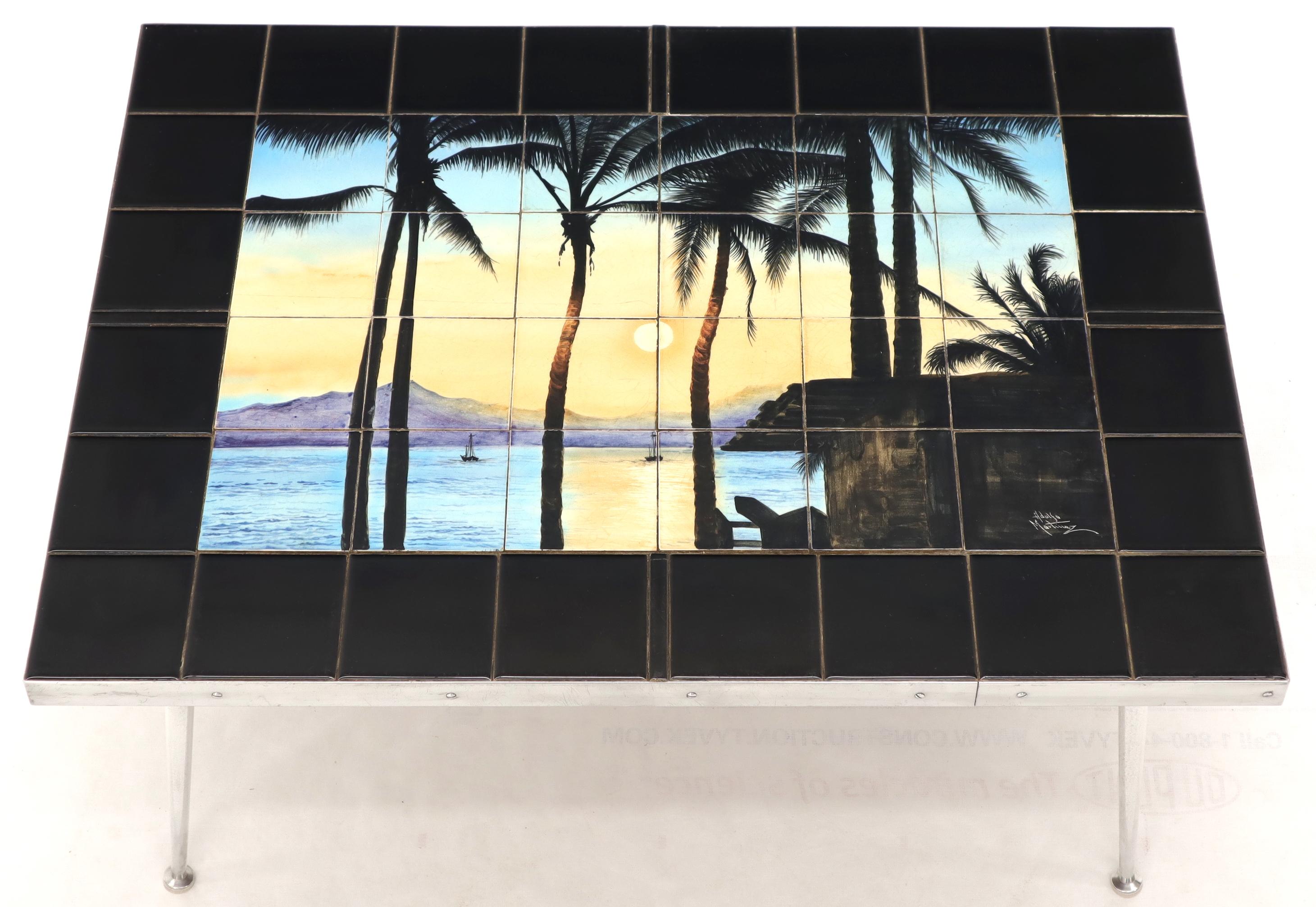 Italian Art Tile Top Beach Scene Turned Legs Mid-Century Modern Coffee Table For Sale