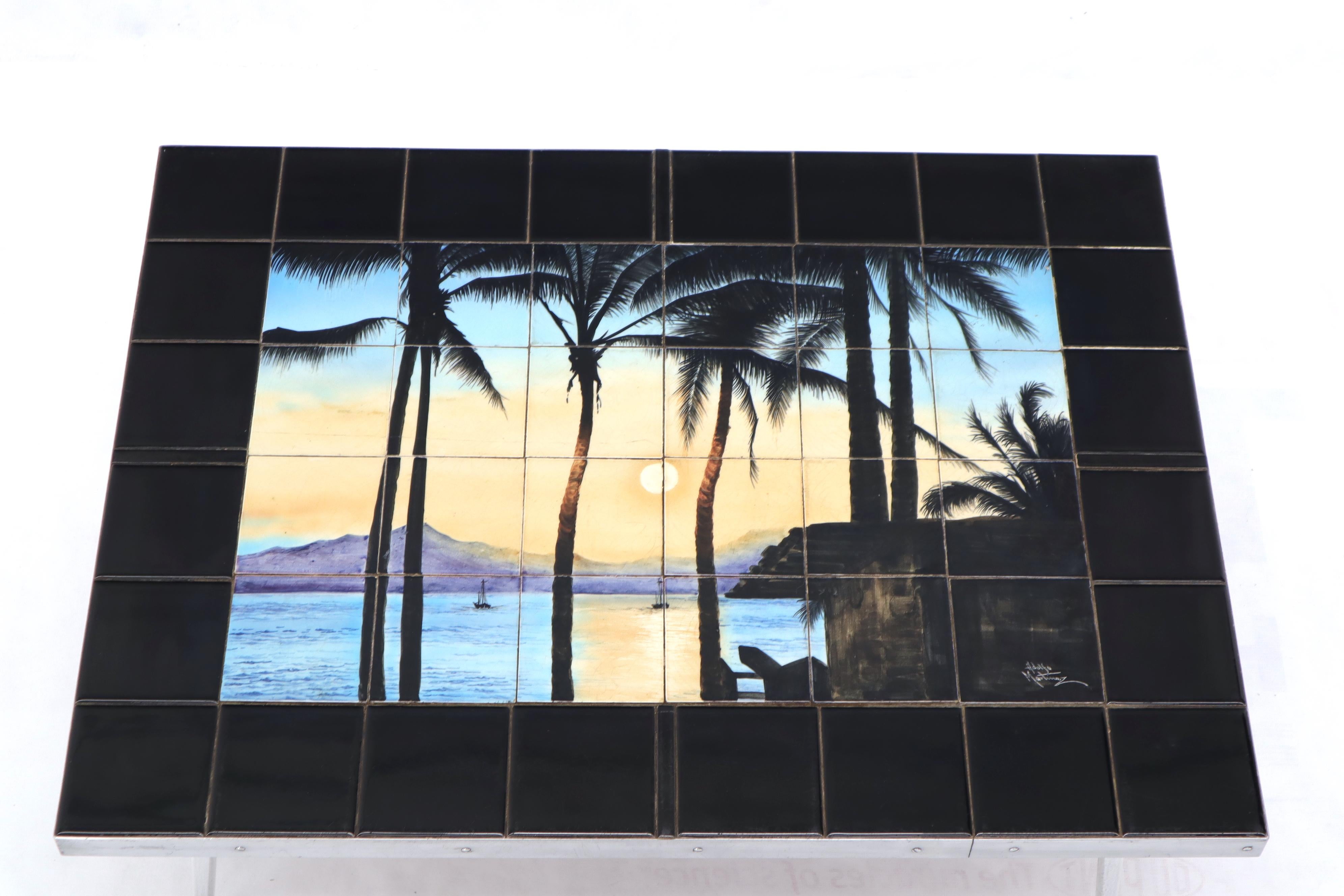 Art Tile Top Beach Scene Turned Legs Mid-Century Modern Coffee Table In Good Condition For Sale In Rockaway, NJ