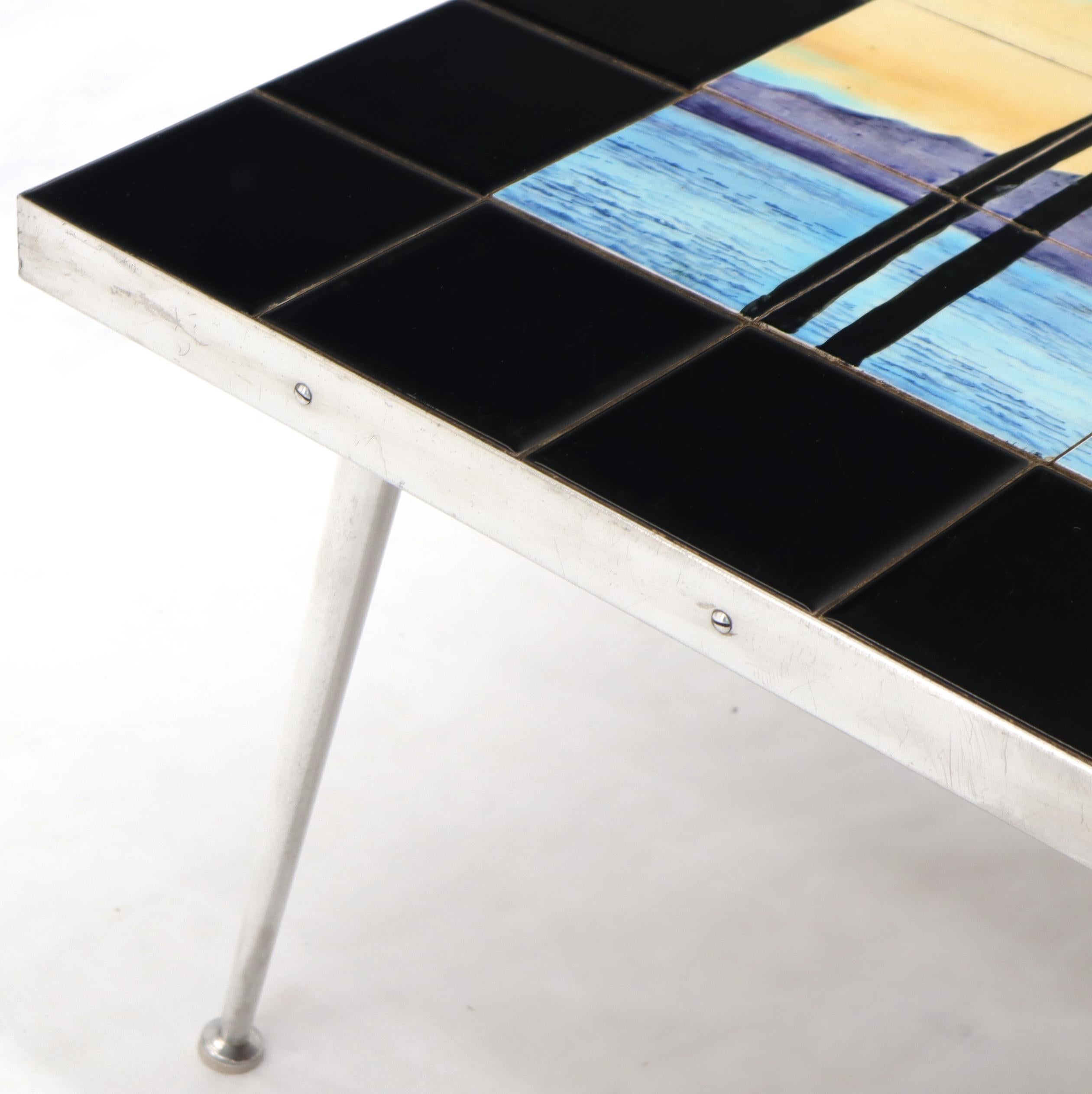 Metal Art Tile Top Beach Scene Turned Legs Mid-Century Modern Coffee Table For Sale