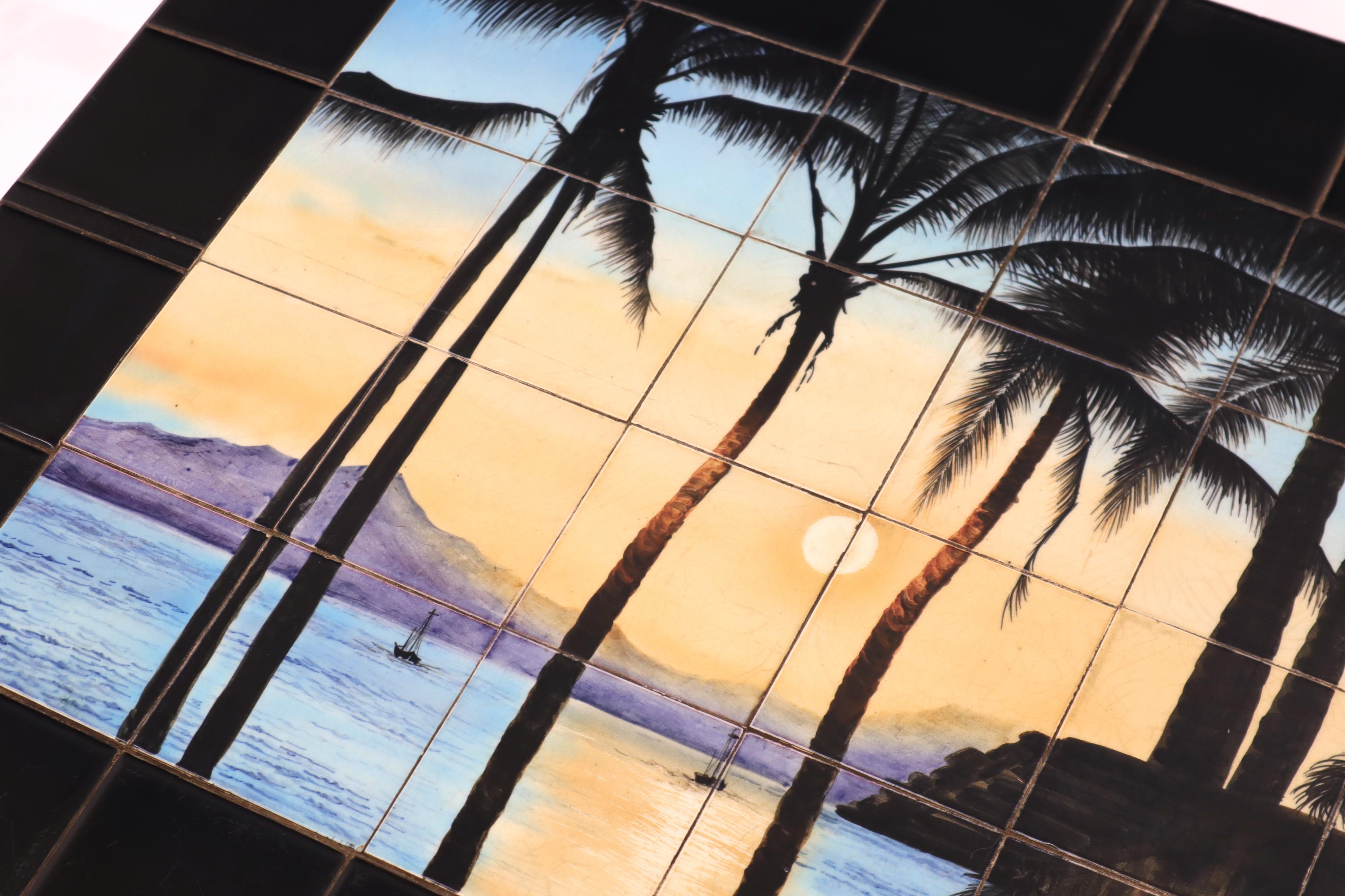 Art Tile Top Beach Scene Turned Legs Mid-Century Modern Coffee Table For Sale 2