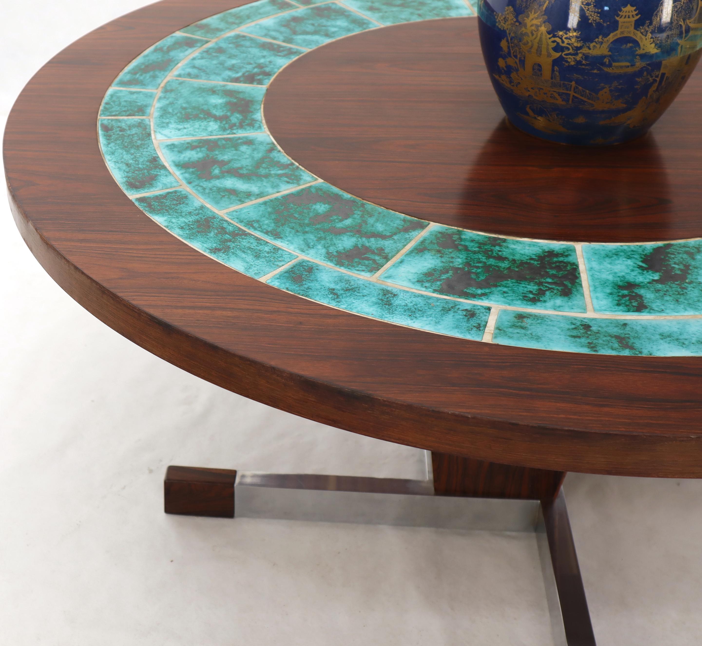 Mid-Century Modern Art Tile Top Rosewood Cone Shape Base Round Coffee Table For Sale