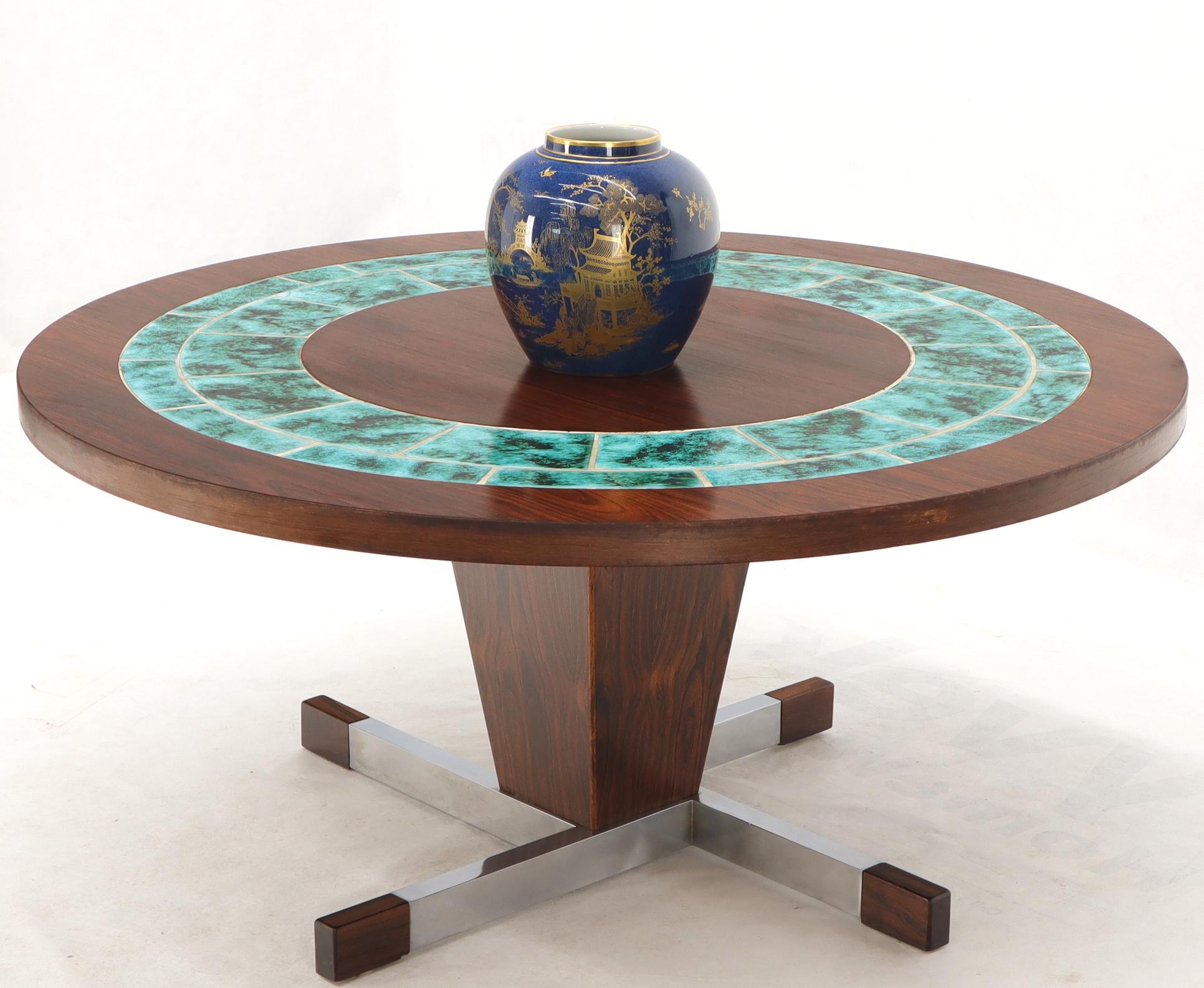 Danish Art Tile Top Rosewood Cone Shape Base Round Coffee Table For Sale
