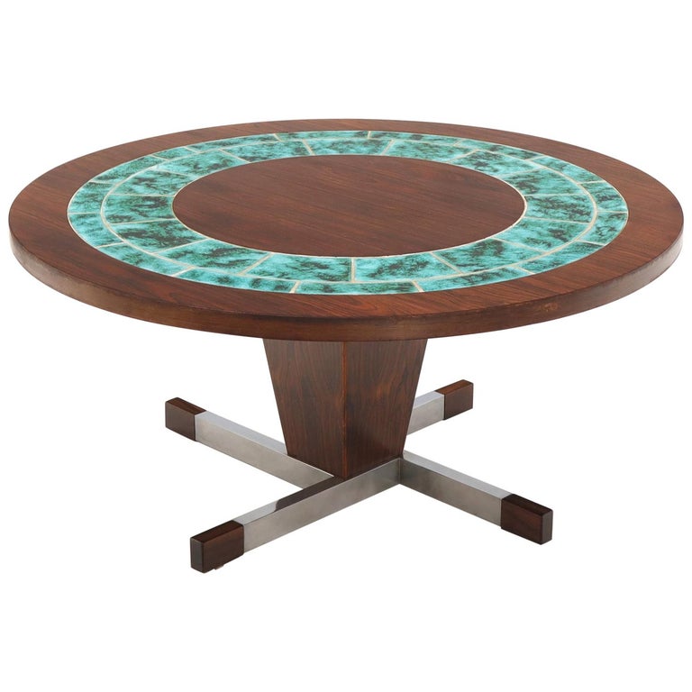 Art Tile Top Rosewood Cone Shape Base Round Coffee Table For Sale at
