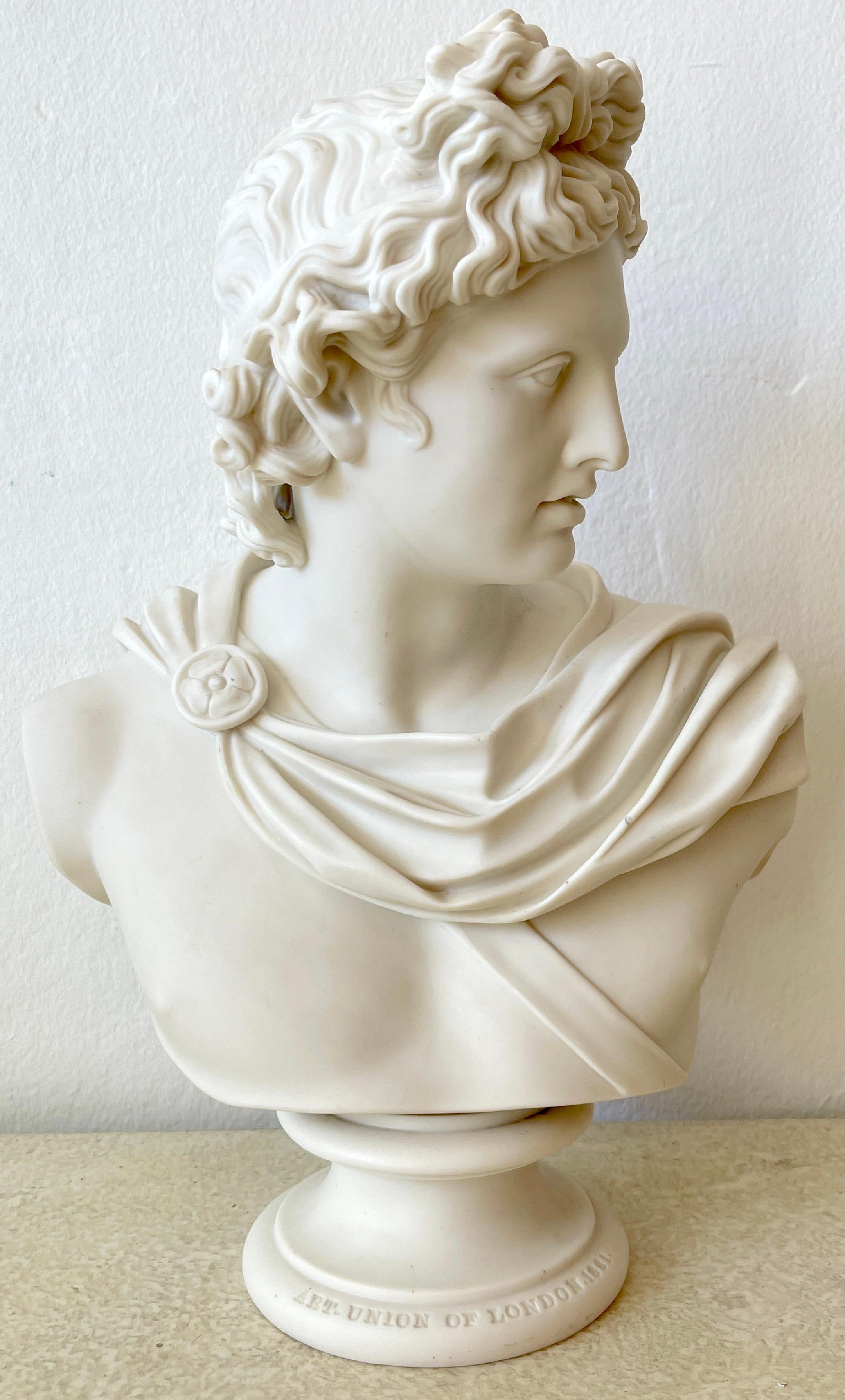 Art Union of London Parian Bust of Apollo Belvedere, by C. Delpech, 1861
Published February 1, 1861
Of good size, looking to the right, draped with a fastened medallion. 
The bust stands 14