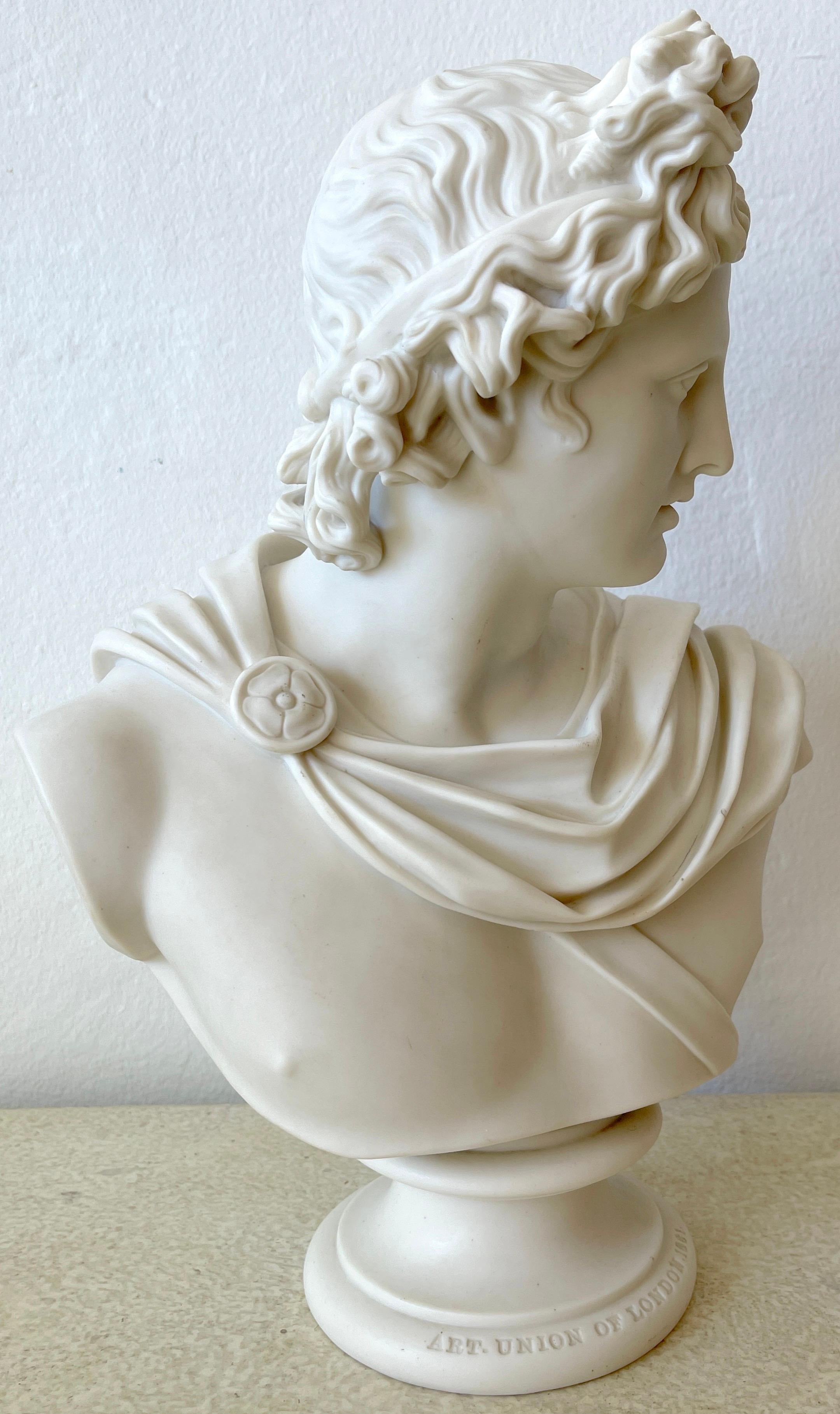 19th Century Art Union of London Parian Bust of Apollo Belvedere, by C. Delpech, 1861