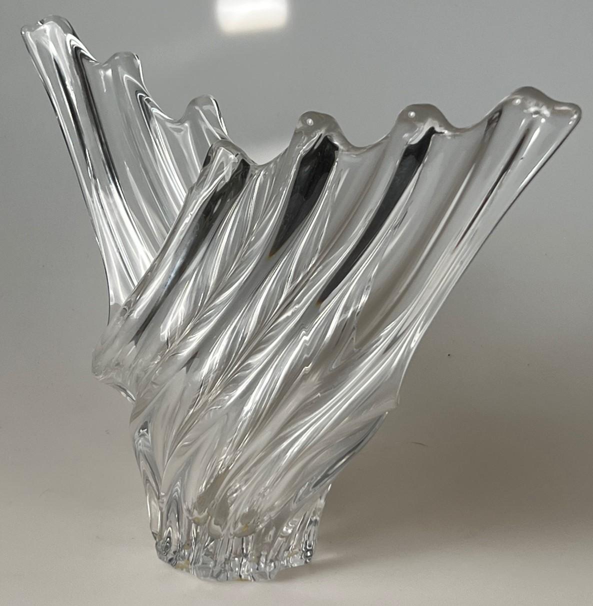 Cristalleries de Vannes-le-Châtel, France gull wing abstract sculptural vase.  Acid etched Art Vannes France Mark.  This is a quintessential 1970's elegant design ready for your home, office or commercial space.  They are even perfect for decorating
