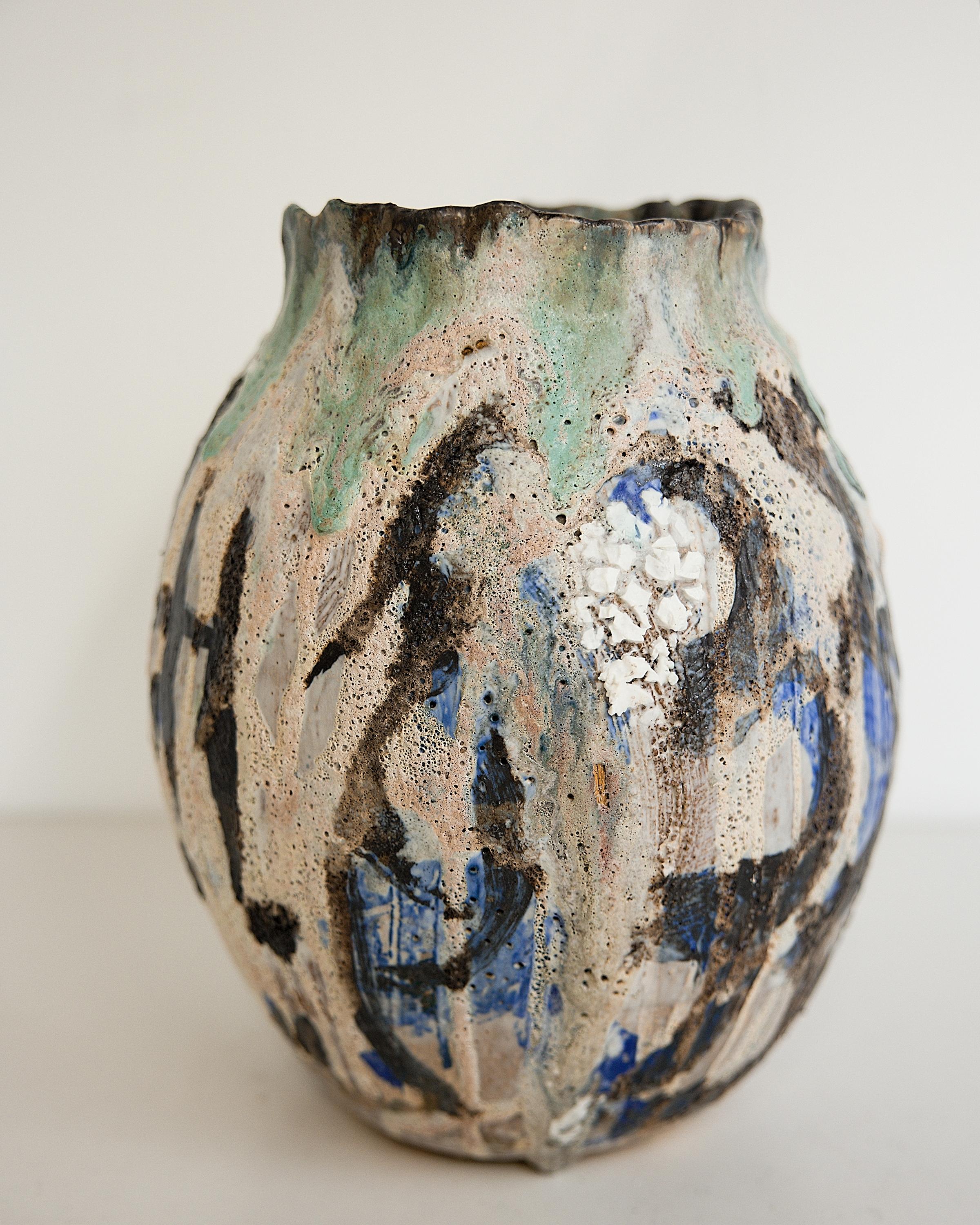 Art Series
Flowing waterfall.. water color series 

Large  Oval Moon Vase approx 14.5 inches tall x 13.6 inches wide
Heavy: 26 lbs
a mix of traditional with organic modern this Large Moon jar  shape with texture and many layers of custom glazes.