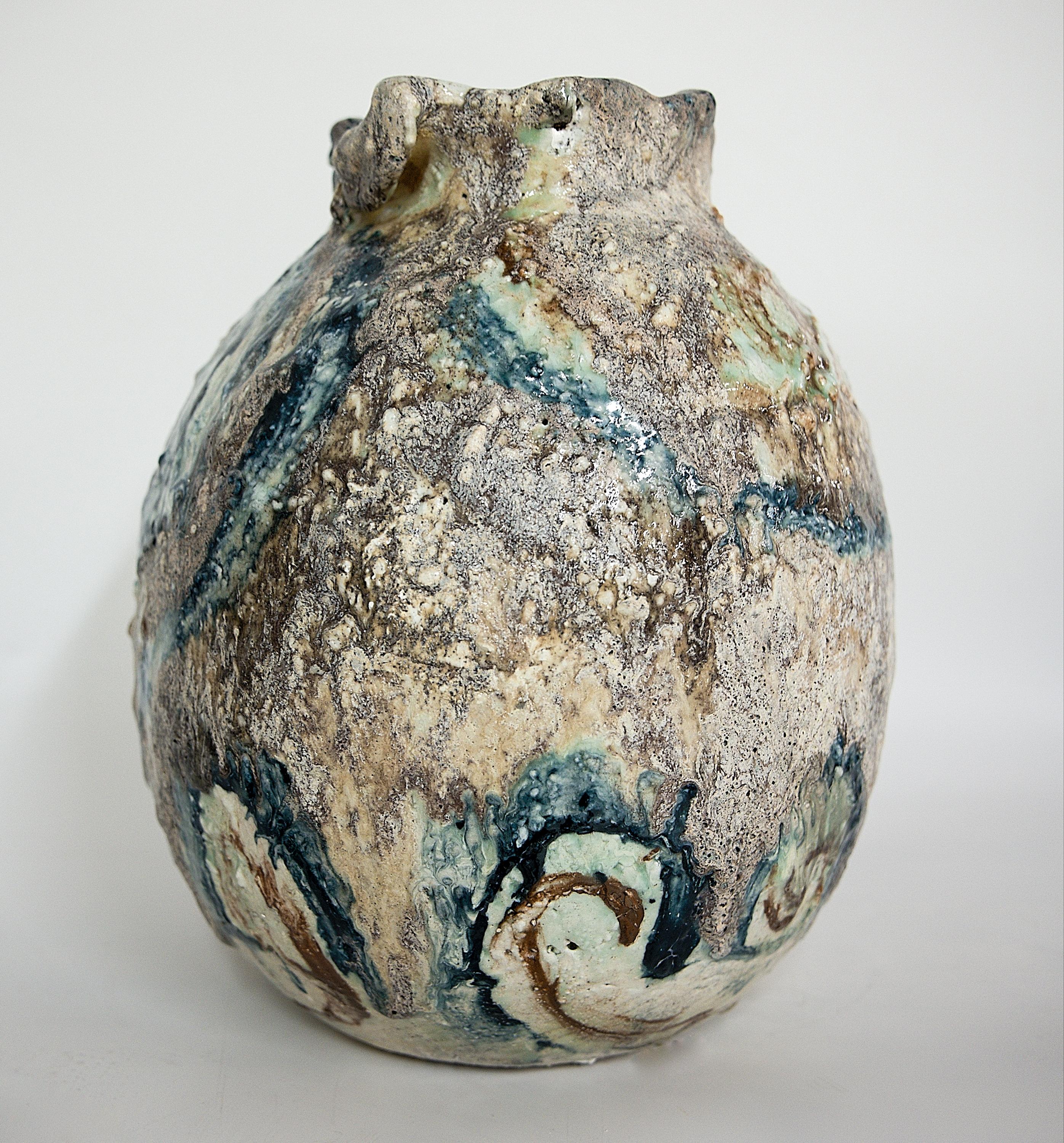 Art Series
Flowing waterfall.. water color series 

Large  Oval Moon Vase approx 14.5 inches tall x 13.6 inches wide
Heavy: 26 lbs
a mix of traditional with organic modern this Large Moon jar  shape with texture and many layers of custom glazes.