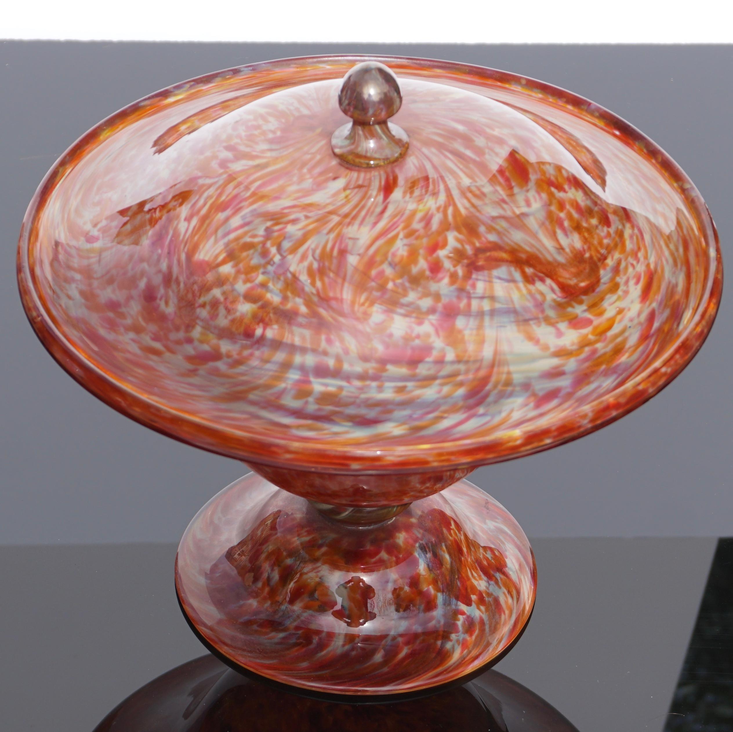 A large French Art Verrier Saint Louis marbled glass lidded bowl compote, circa 1910. Art Nouveau, Art Deco transition art glass pedestal lidded bowl.

Artist: Presumably Paul Nicolas.

Measures: Height 9.75 inches
Diameter 10.25 inches.

Signed: