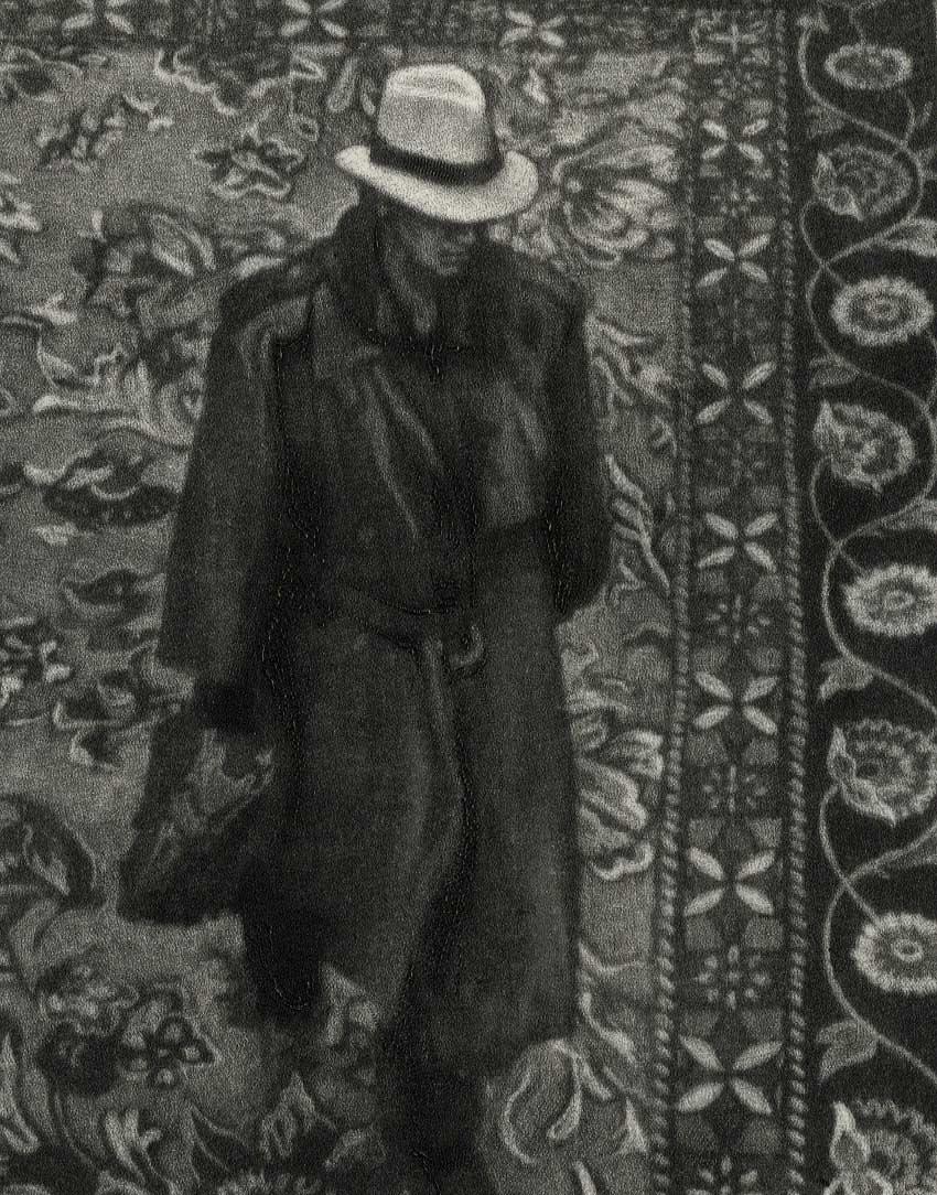 10 P.M. Dallas (Man in hat walks across an Oriental carpet in Dallas hotel) - Print by Art Werger