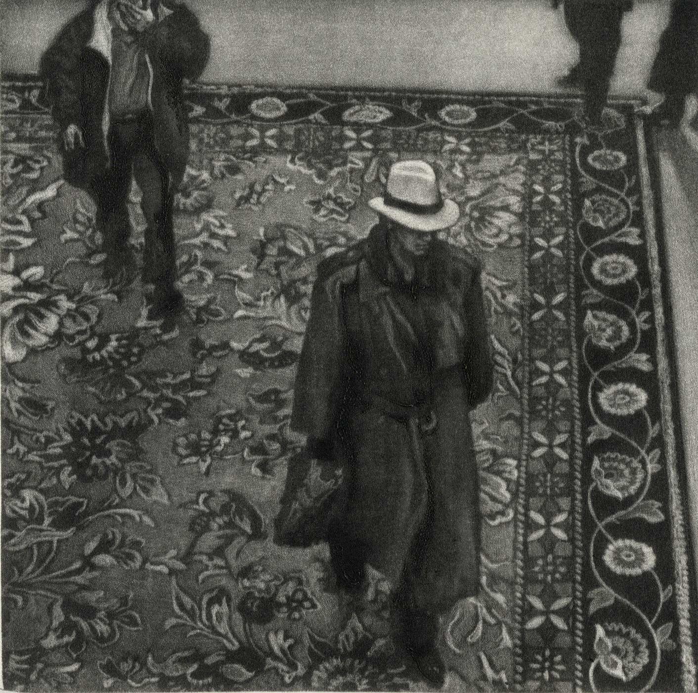 10 P.M. Dallas (Man in hat walks across an Oriental carpet in Dallas hotel)