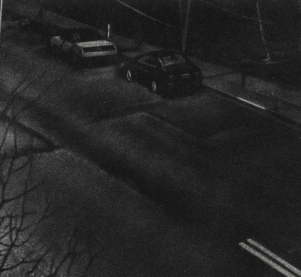 Delayed (suburban New Jersey commuter walks thru rain because bus is late) - Black Landscape Print by Art Werger