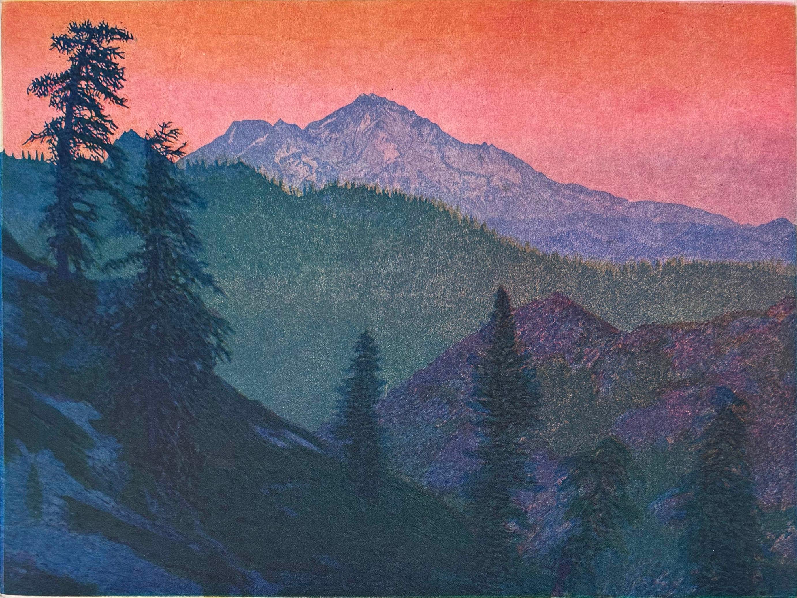 Evening Light Aquatint Etching of Mt Shasta, Signed, Edition of 50