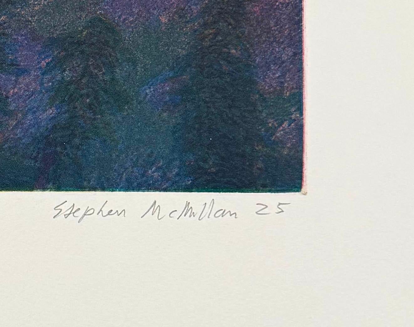 Spectacular view of Mt Shasta as seen from the Trinity Wilderness in northern California. Soft evening light as the sunset fades leaving mountain ridges highlighted.

Medium: aquatint etching                            
Year: 2025
Image Size: 9 x 12