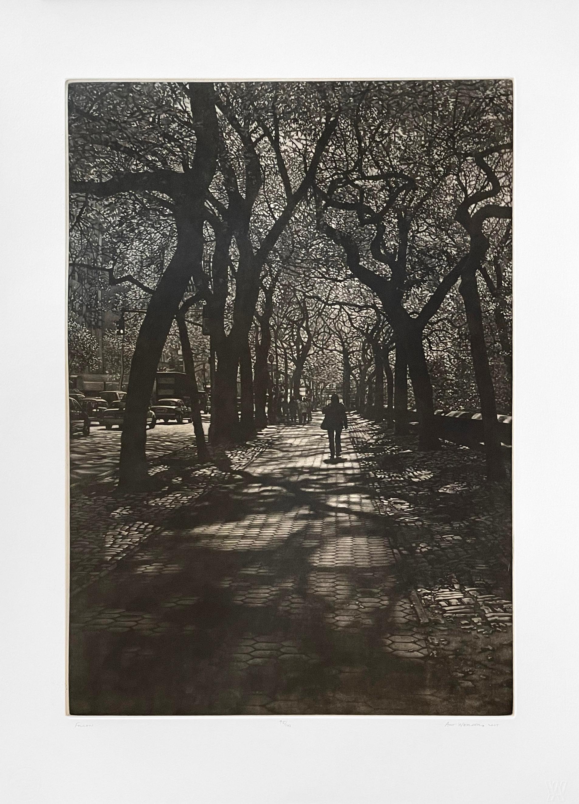 Mezzotint, from the edition of 100. Signed, titled and numbered by the artist.

Art Werger’s prints show a keen observation of quiet and normally unnoticed moments. Pedestrians passing each other, lost in their own worlds. Sunlight filtering through