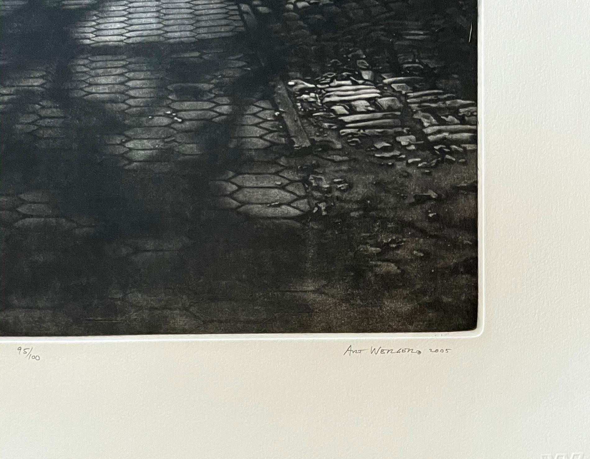 Mezzotint, from the edition of 100. Signed, titled and numbered by the artist.

Art Werger’s prints show a keen observation of quiet and normally unnoticed moments. Pedestrians passing each other, lost in their own worlds. Sunlight filtering through