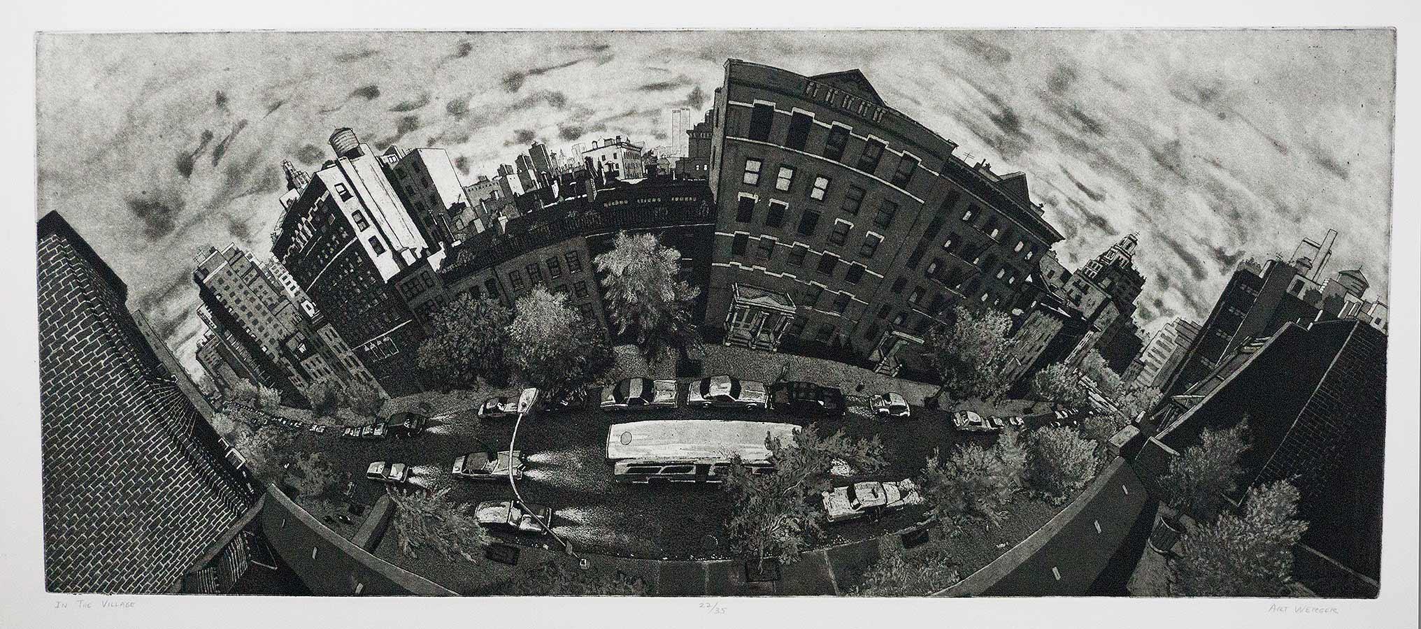 In the Village (fish-eye view of New York's Greenwich Village) - Black Landscape Print by Art Werger