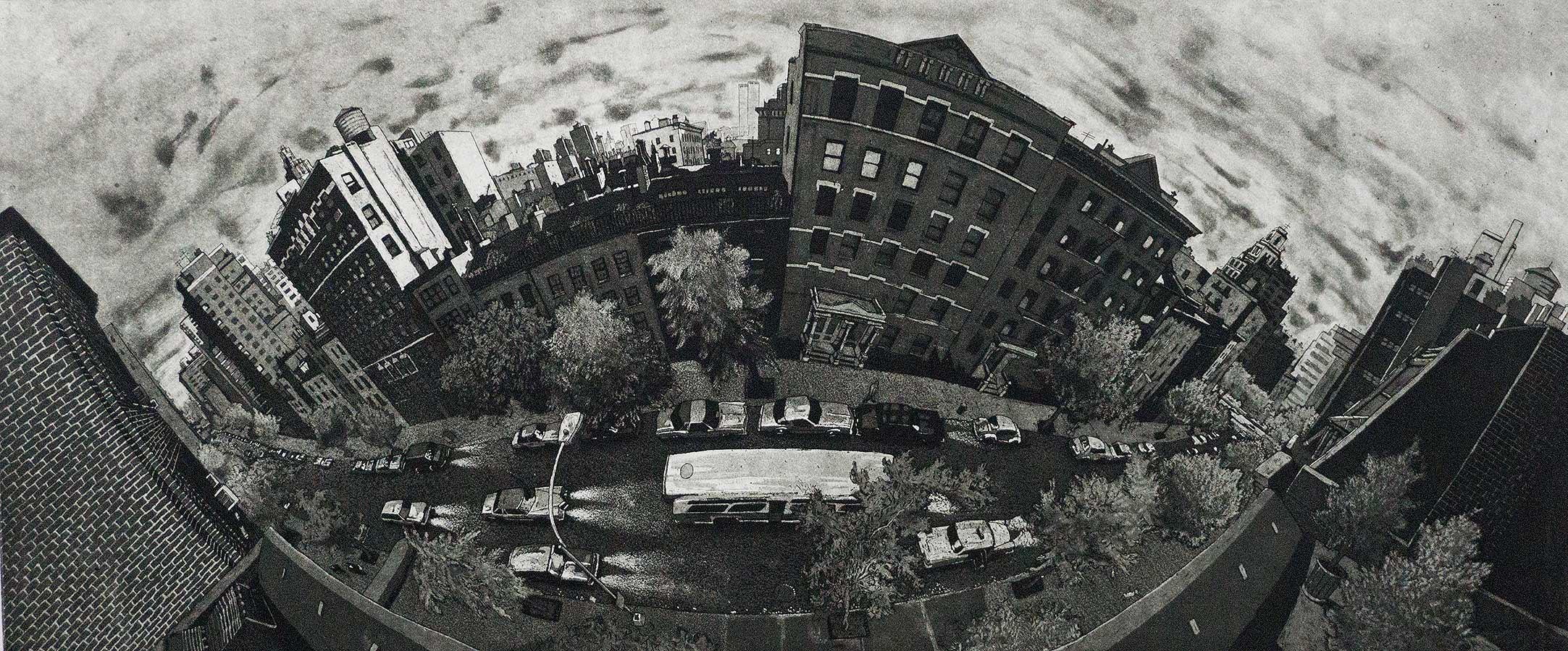 Art Werger Landscape Print - In the Village (fish-eye view of New York's Greenwich Village)