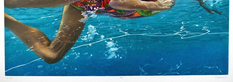 Muse (a young novice in colorful swim suit struggles thru a pool of blue) - Print by Art Werger