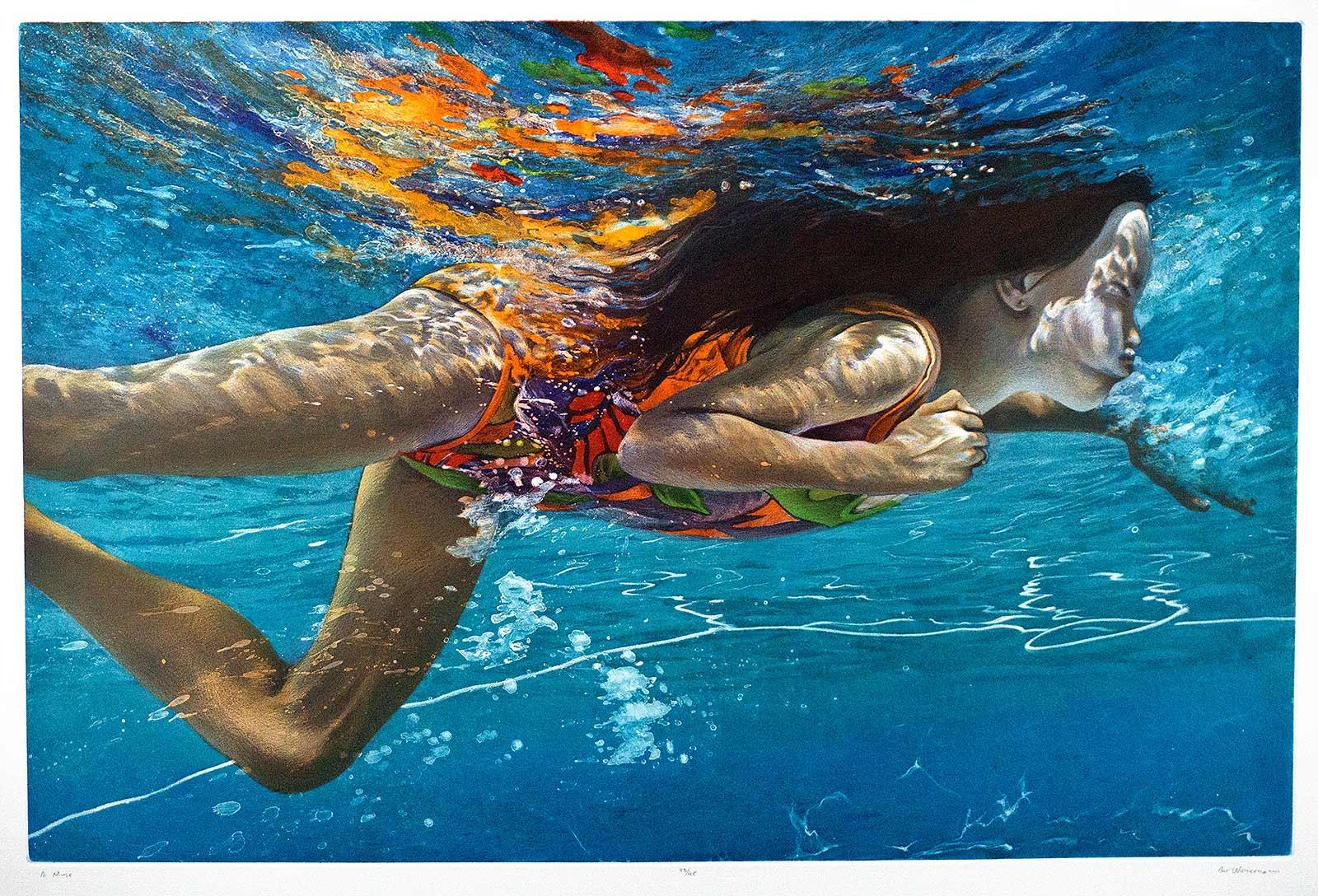 Muse (ein junger Anfänger in farbenfrohem Schwimmanzug, der sich durch einen blauen Pool hindurchkämpft) (Blau), Figurative Print, von Art Werger