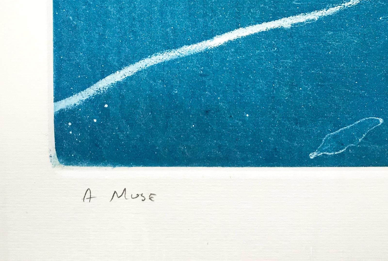 Muse (a young novice in colorful swim suit struggles thru a pool of blue) - American Modern Print by Art Werger