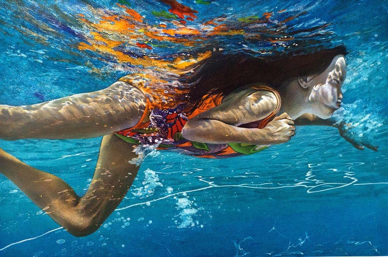 Art Werger Figurative Print - Muse (a young novice in colorful swim suit struggles thru a pool of blue)