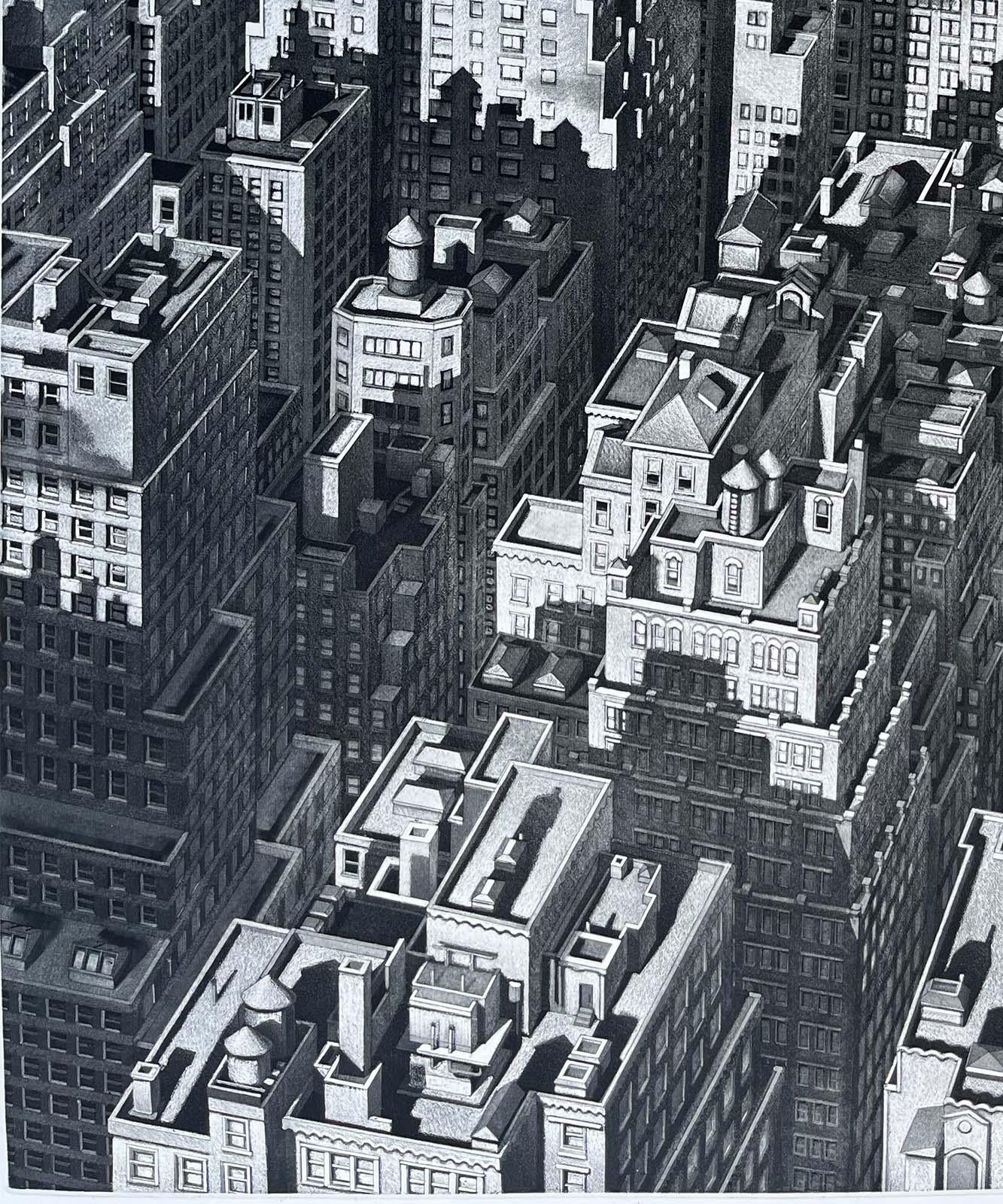 This impression is # 2 out of an edition of just 5 black and white impressions of this stunning aerial view of Manhattan. The shadow of a single airplane is almost hidden against the sunny panorama of soaring skyscrapers.

Art Werger was born in