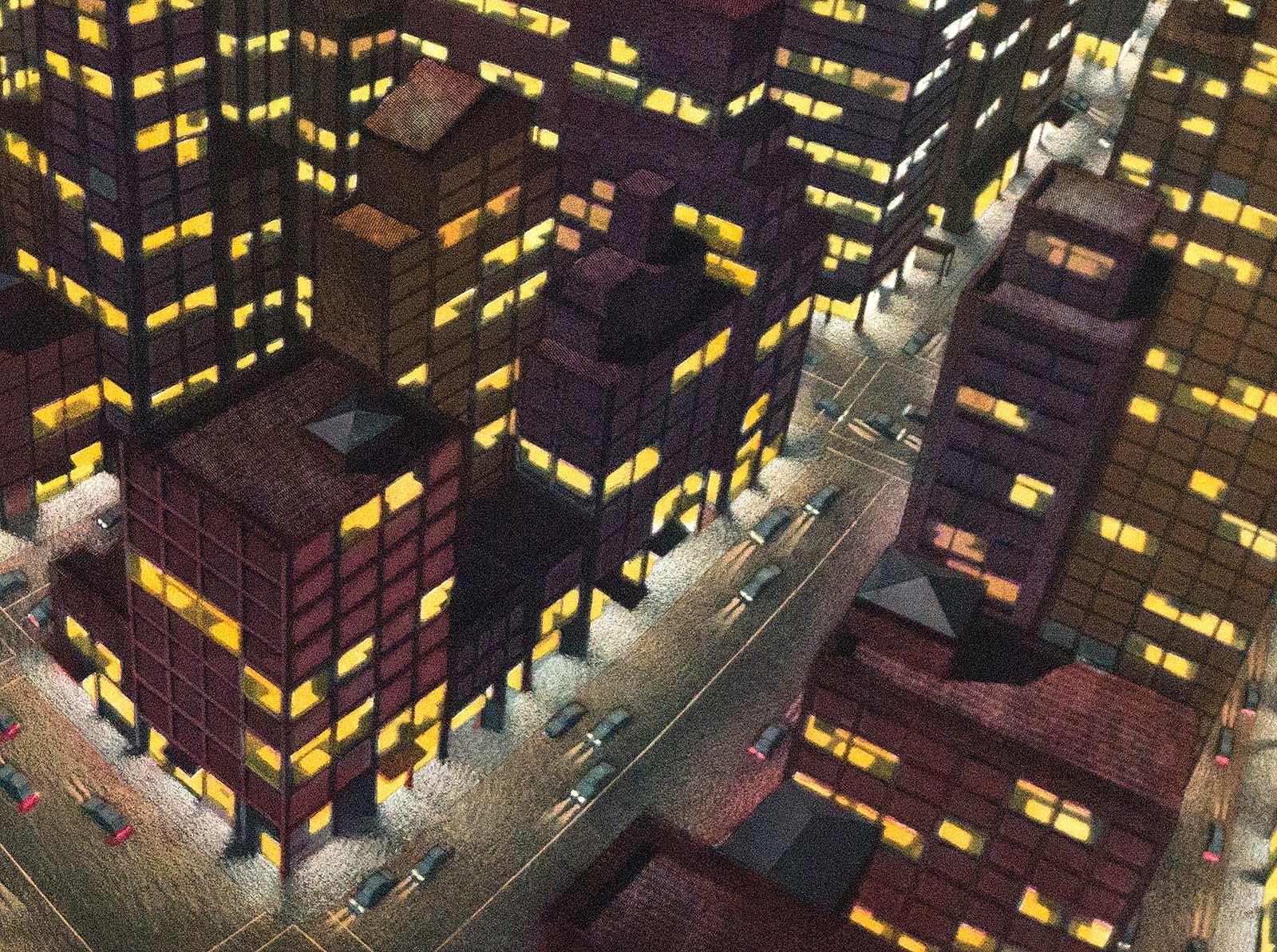 Nocturne (A panorama of lit skyscrapers and moving traffic in the city) - Print by Art Werger