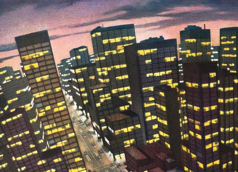 Nocturne (A panorama of lit skyscrapers and moving traffic in the city) - American Modern Print by Art Werger