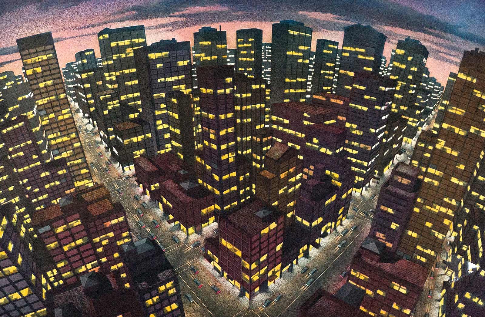 Art Werger Figurative Print - Nocturne (A panorama of lit skyscrapers and moving traffic in the city)