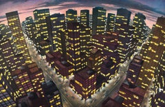 Retro Nocturne (A panorama of lit skyscrapers and moving traffic in the city)