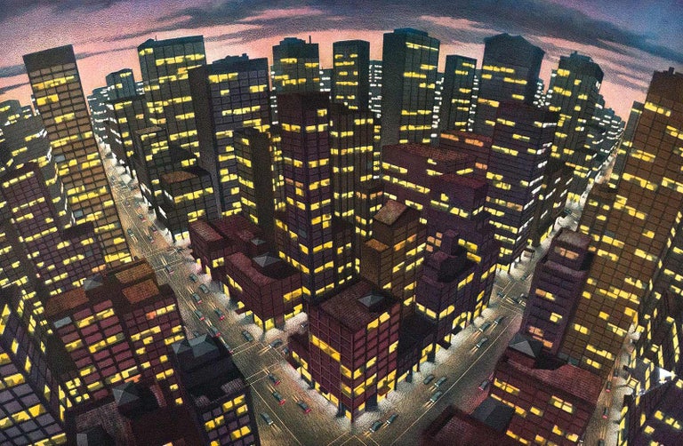 Art Werger Landscape Print - Nocturne (A panorama of lit skyscrapers and moving traffic in the city)