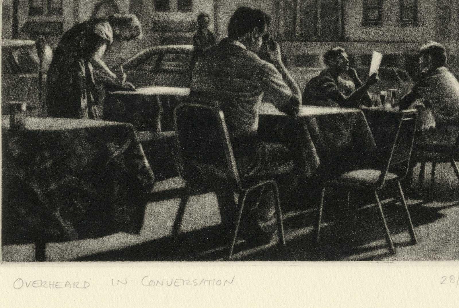 Overheard in Conversation (a crowded restaurant where loose lips slip) - Print by Art Werger