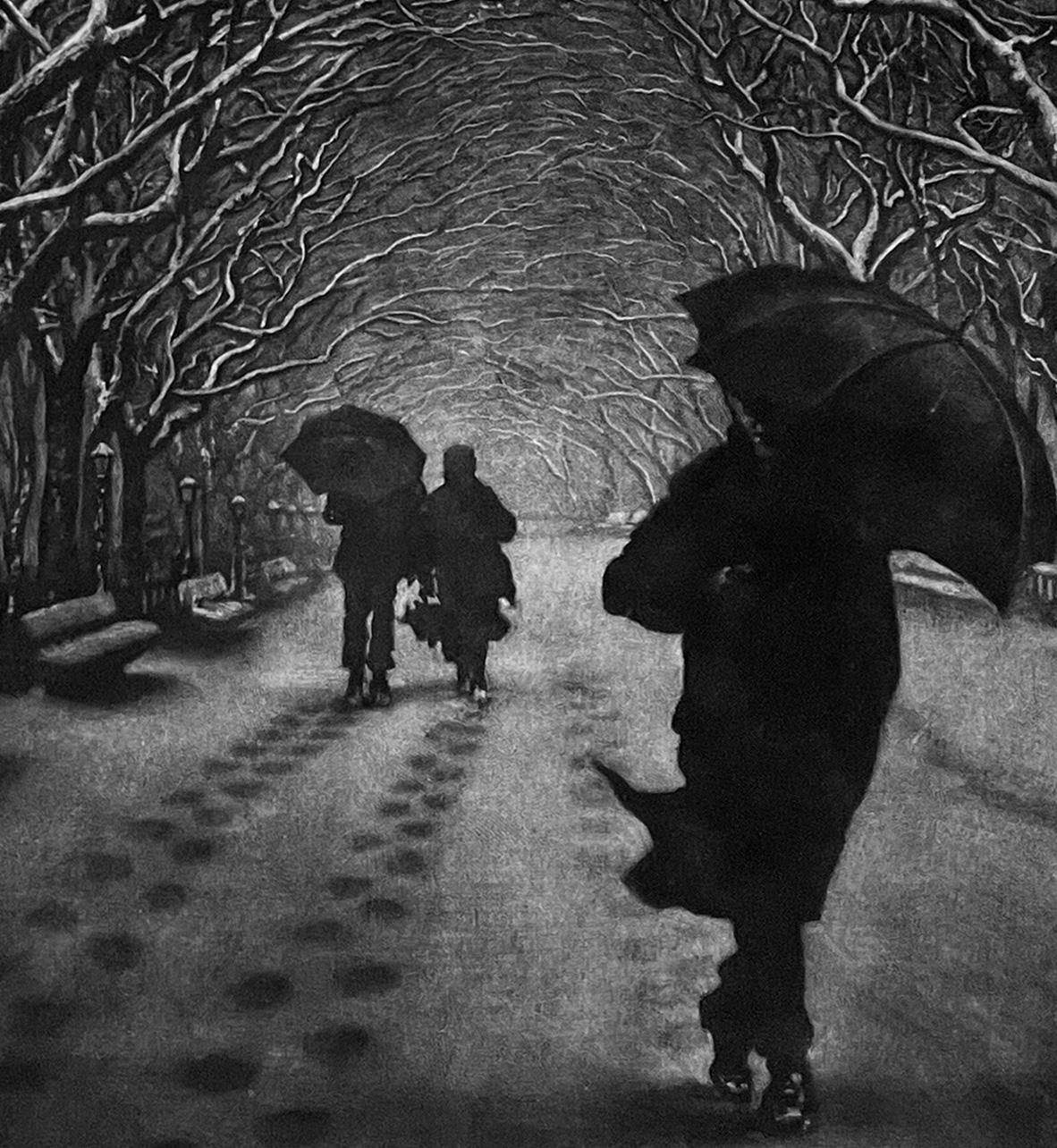 Werger's mezzotint prints are masterful at capturing a mood, and suggesting a story for the viewer to complete. Anonymous pedestrians passing on a snowy walk through Central Park. Umbrella's, reflections of rain on pavement, and the movement of