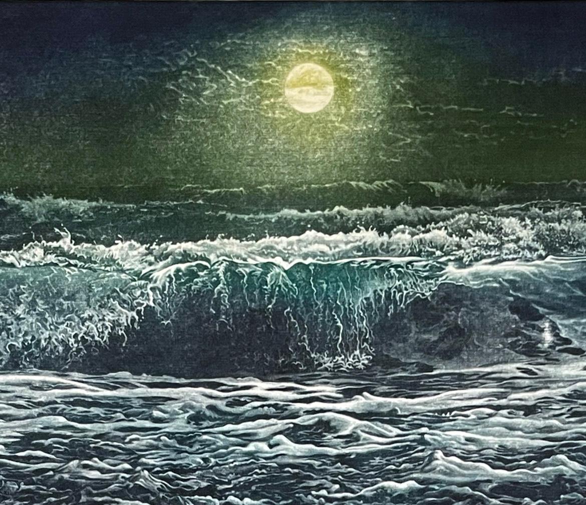 Medium: Mezzotint
Year: 2015
Edition: 40
Image Size: 24 x 24 inches
Signed, titled and numbered in pencil by the artist

Moon reflecting on ocean waves crashing on a beach. Werger's mezzotint prints are masterful at capturing a mood, and suggesting
